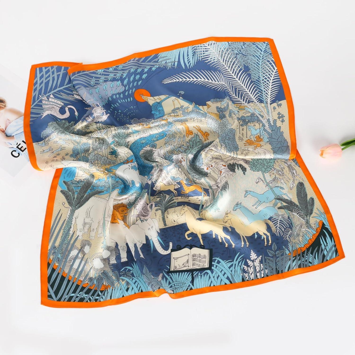 imageEXTREE 100 Pure Mulberry Silk Scarf Fashion Hair for Women Scarf Lightweight Square Neckerchief 275 275 inchesAnimal Carnival Blue