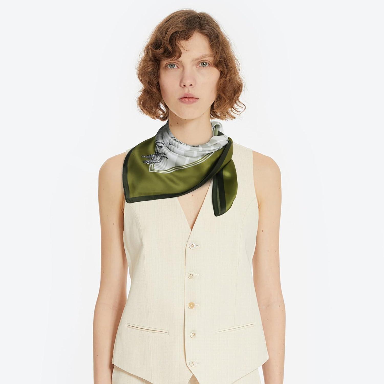 imageEXTREE 100 Pure Mulberry Silk Scarf Fashion Hair for Women Scarf Lightweight Square Neckerchief 275 275 inchesAvocado Green Knight