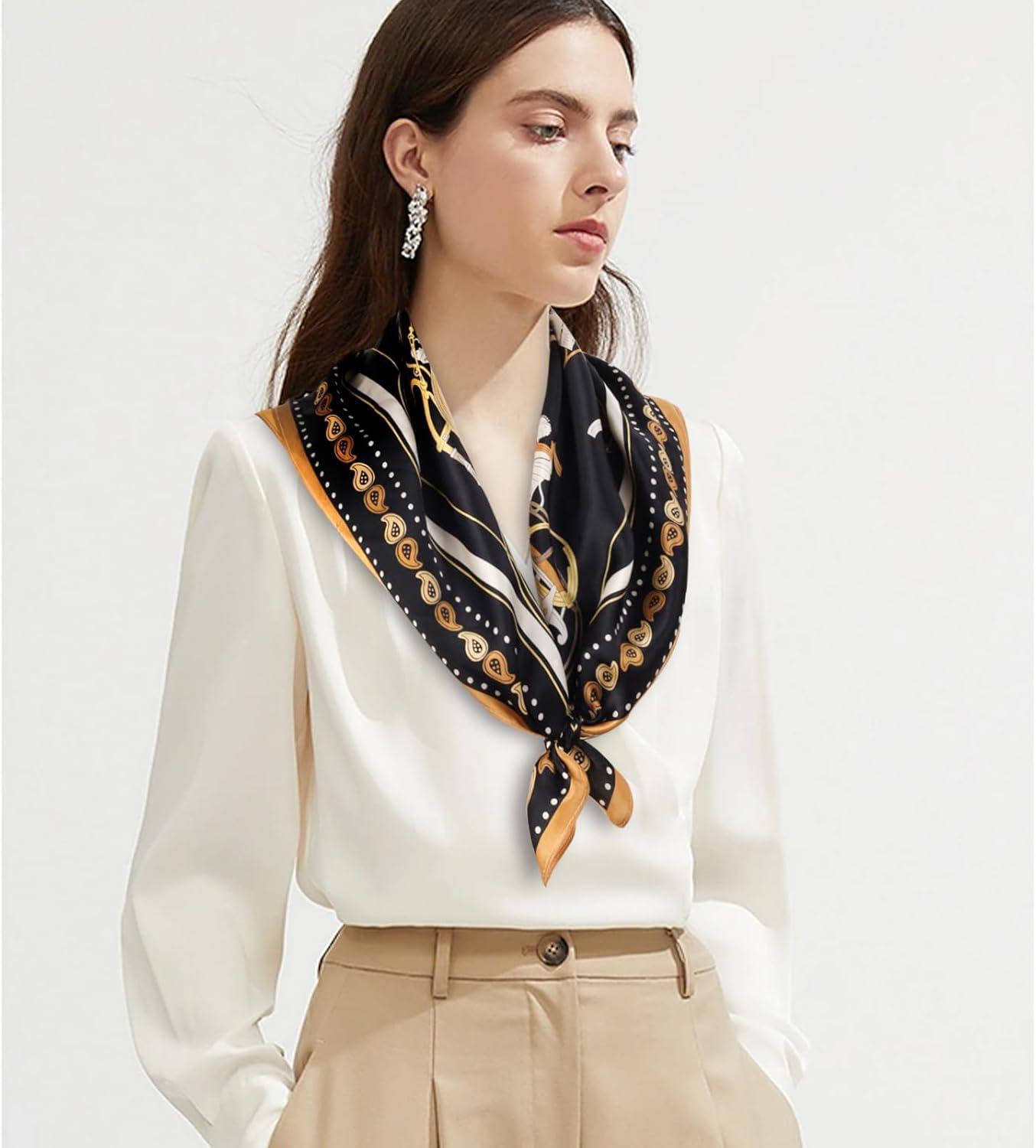 imageEXTREE 100 Pure Mulberry Silk Scarf Fashion Hair for Women Scarf Lightweight Square Neckerchief 275 275 inchesBlack Horse and Carriage