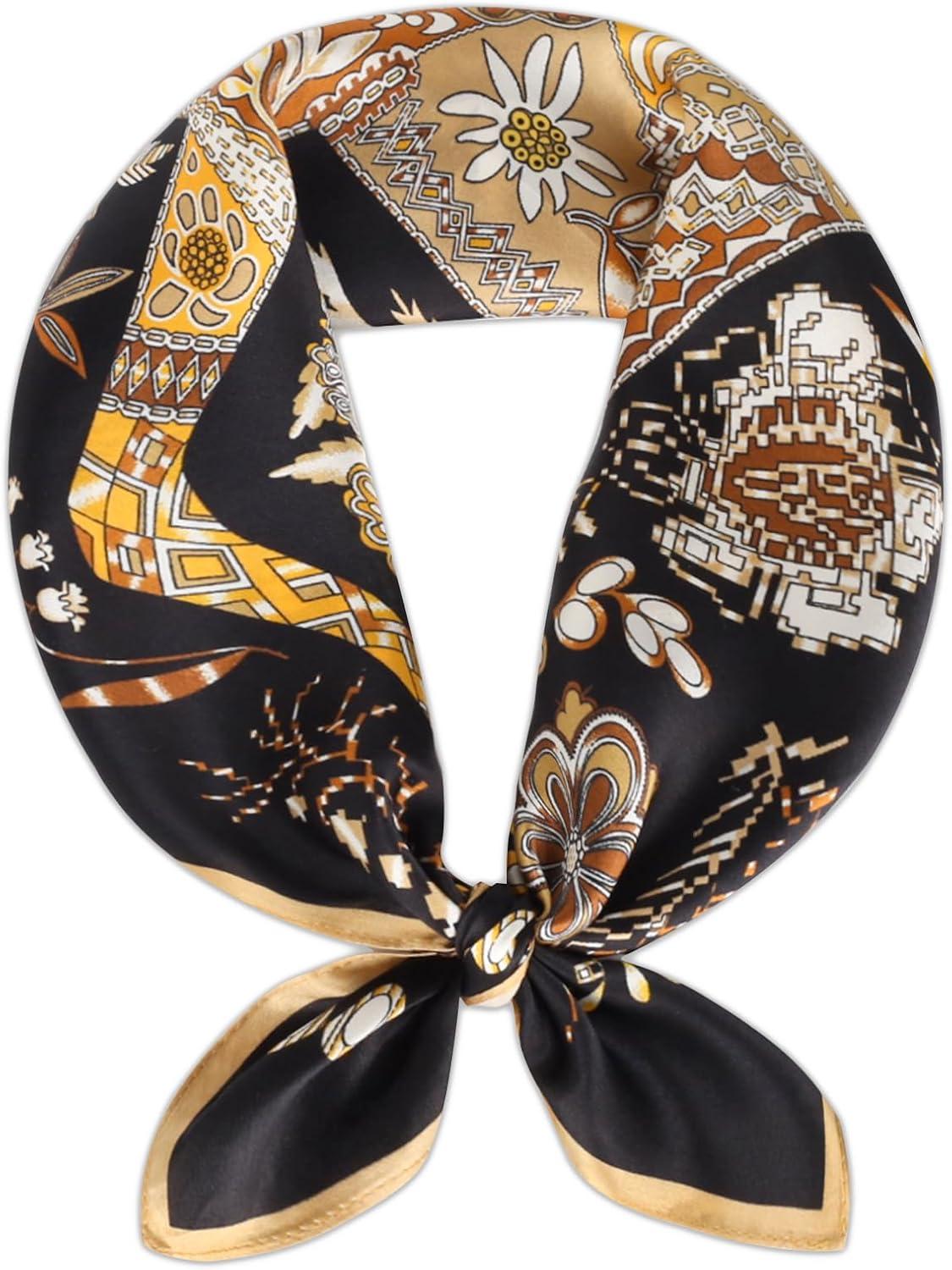 imageEXTREE 100 Pure Mulberry Silk Scarf Fashion Hair for Women Scarf Lightweight Square Neckerchief 275 275 inchesBlack and Gold Floral New Style Horse