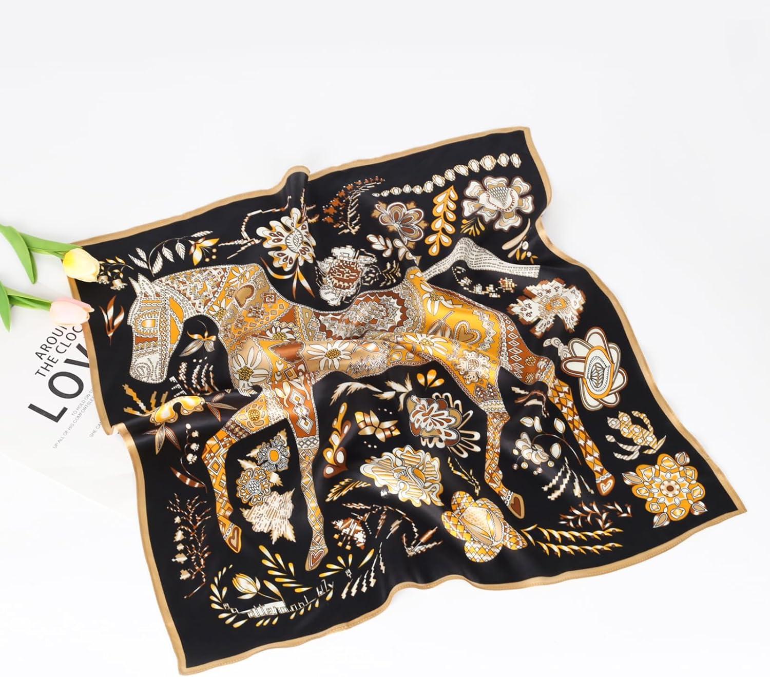 imageEXTREE 100 Pure Mulberry Silk Scarf Fashion Hair for Women Scarf Lightweight Square Neckerchief 275 275 inchesBlack and Gold Floral New Style Horse
