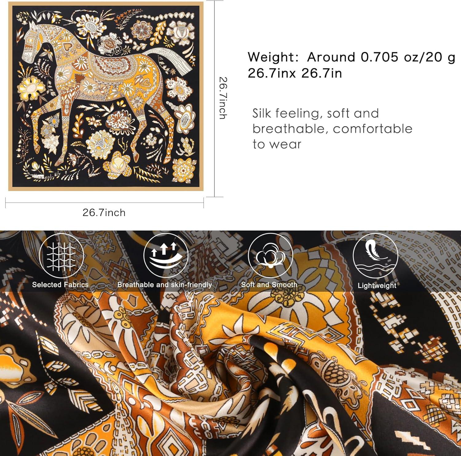 imageEXTREE 100 Pure Mulberry Silk Scarf Fashion Hair for Women Scarf Lightweight Square Neckerchief 275 275 inchesBlack and Gold Floral New Style Horse