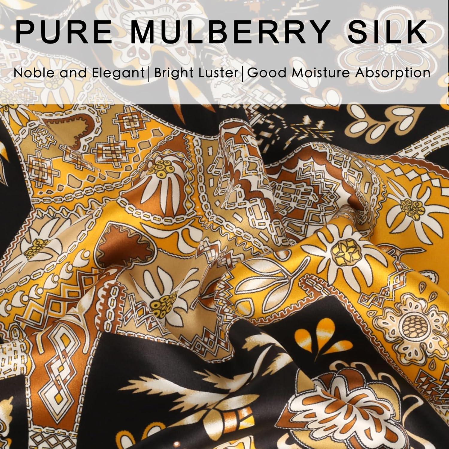 imageEXTREE 100 Pure Mulberry Silk Scarf Fashion Hair for Women Scarf Lightweight Square Neckerchief 275 275 inchesBlack and Gold Floral New Style Horse
