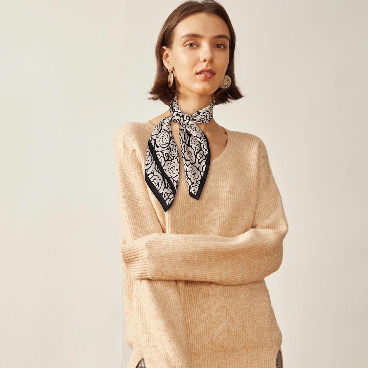 imageEXTREE 100 Pure Mulberry Silk Scarf Fashion Hair for Women Scarf Lightweight Square Neckerchief 275 275 inchesBlack and White Rose