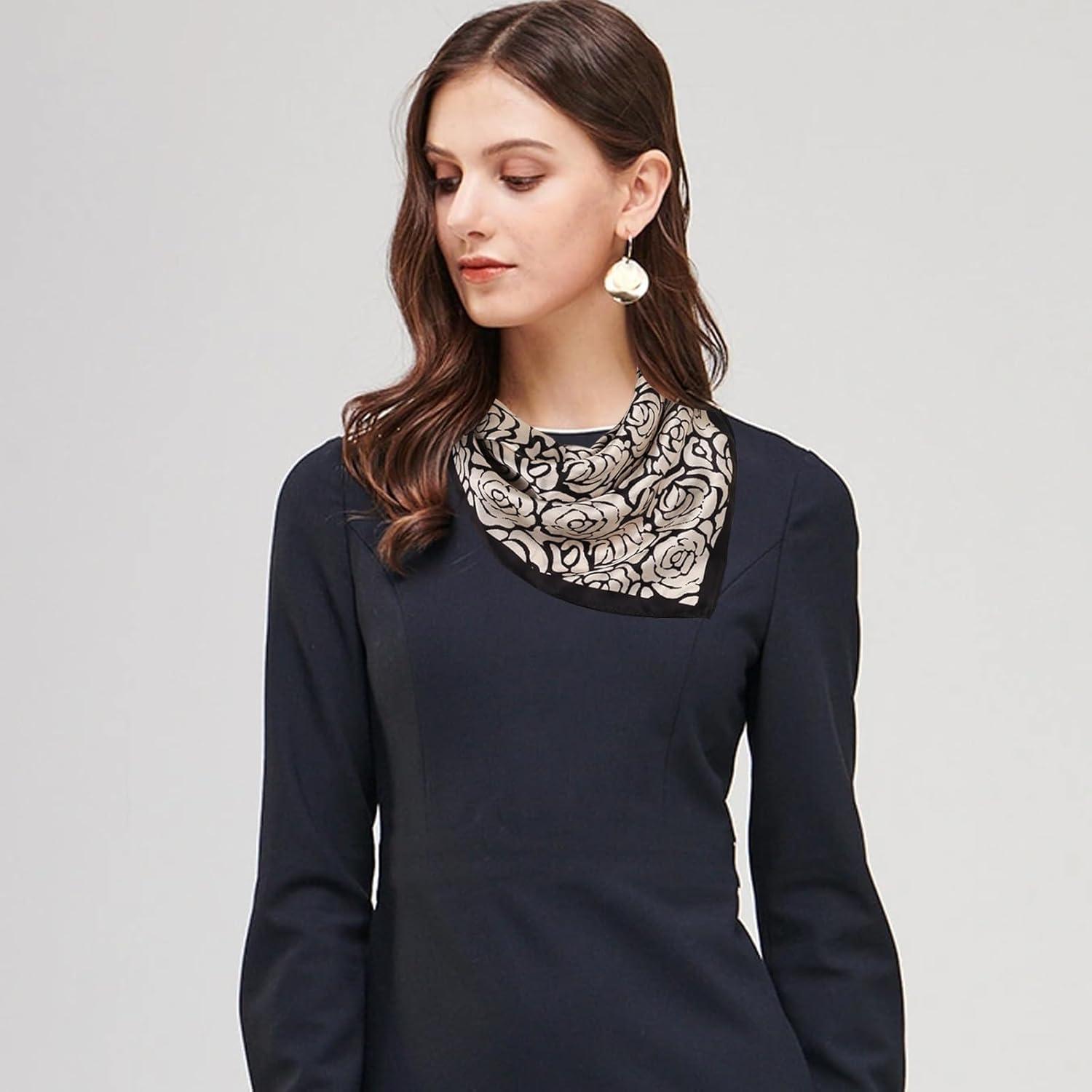 imageEXTREE 100 Pure Mulberry Silk Scarf Fashion Hair for Women Scarf Lightweight Square Neckerchief 275 275 inchesBlack and White Rose