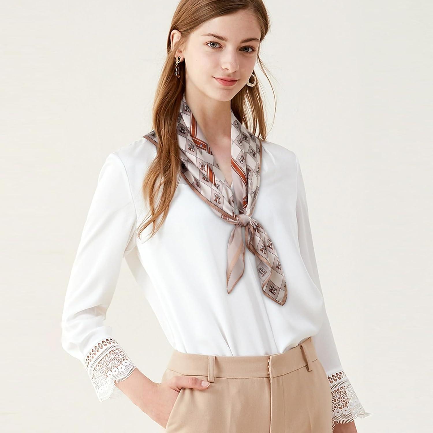 imageEXTREE 100 Pure Mulberry Silk Scarf Fashion Hair for Women Scarf Lightweight Square Neckerchief 275 275 inchesCarriage Brown Ring Buckle