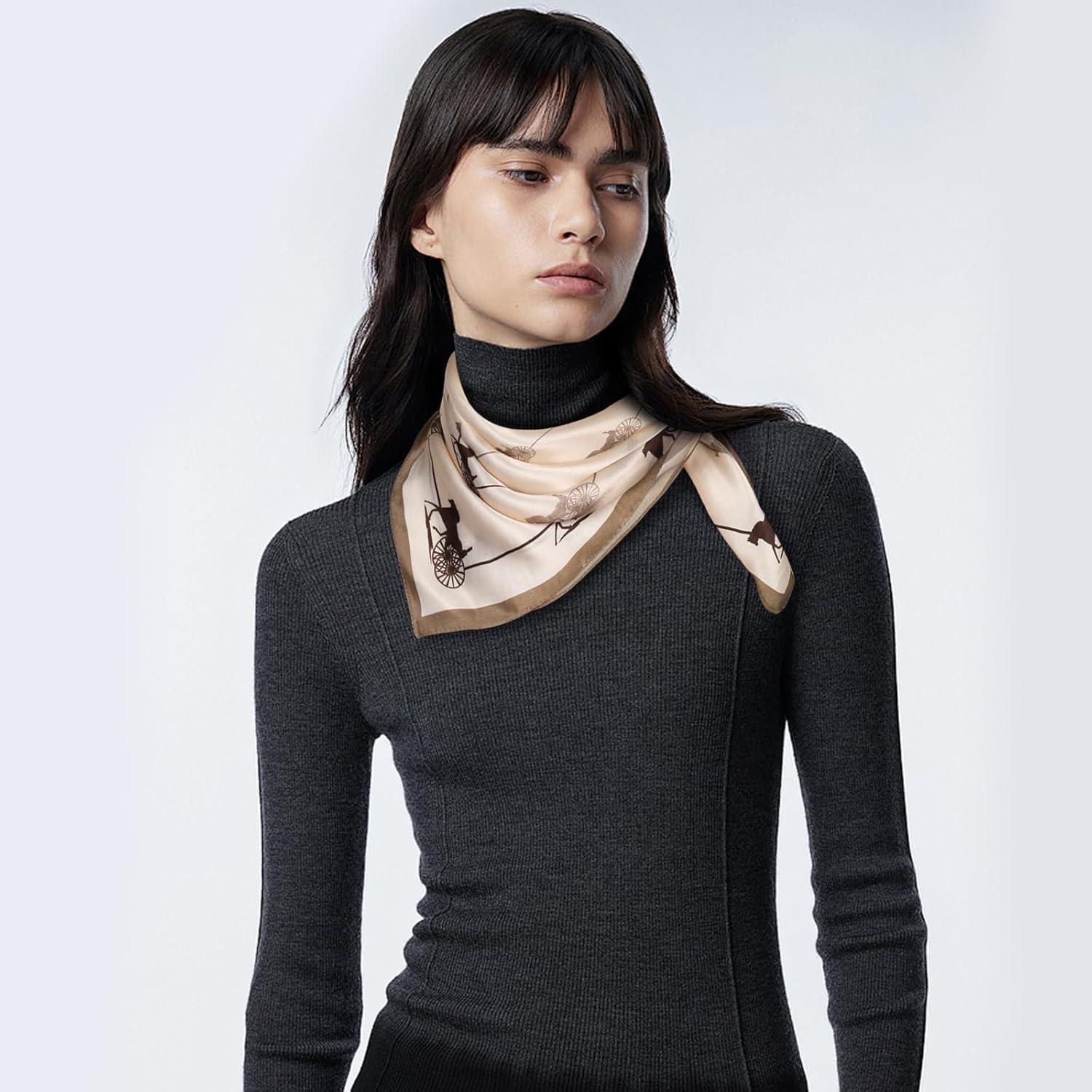 imageEXTREE 100 Pure Mulberry Silk Scarf Fashion Hair for Women Scarf Lightweight Square Neckerchief 275 275 inchesCarriage Champagne Color