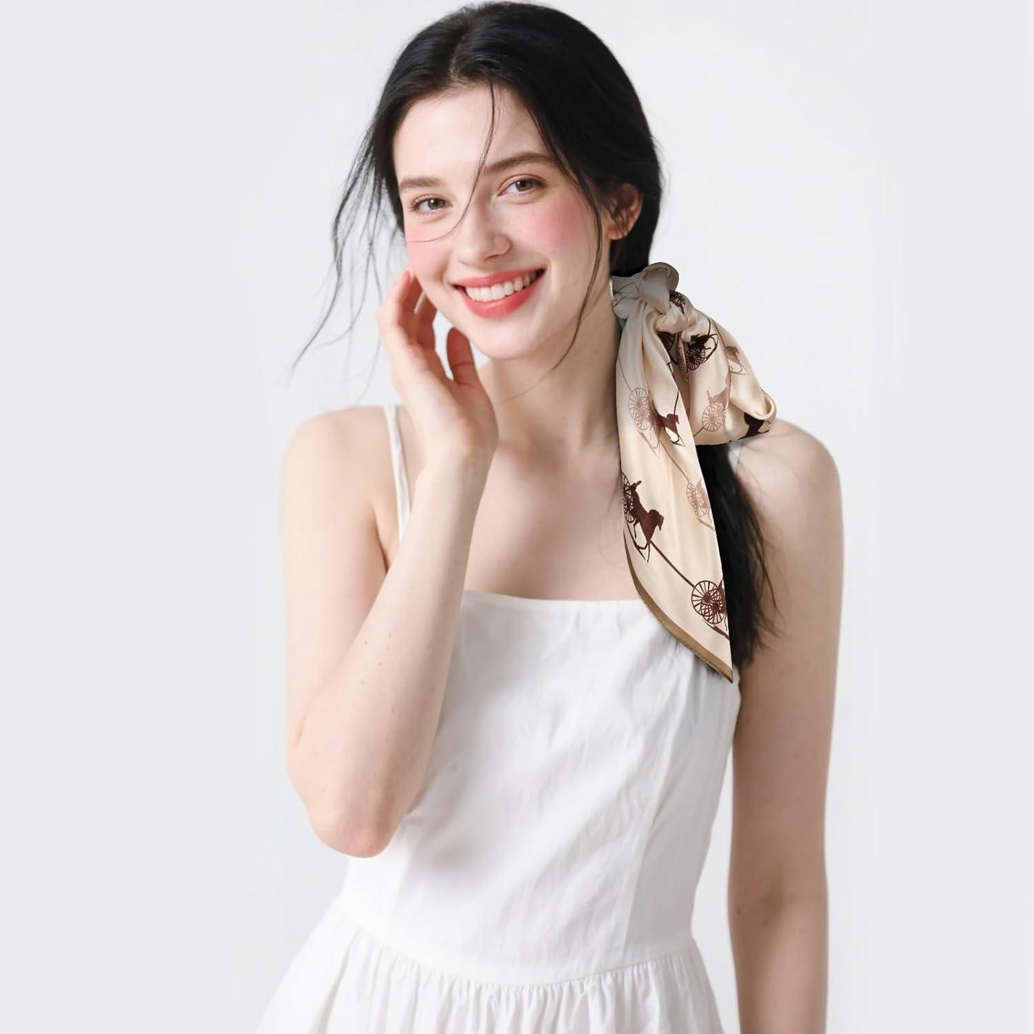 imageEXTREE 100 Pure Mulberry Silk Scarf Fashion Hair for Women Scarf Lightweight Square Neckerchief 275 275 inchesCarriage Champagne Color