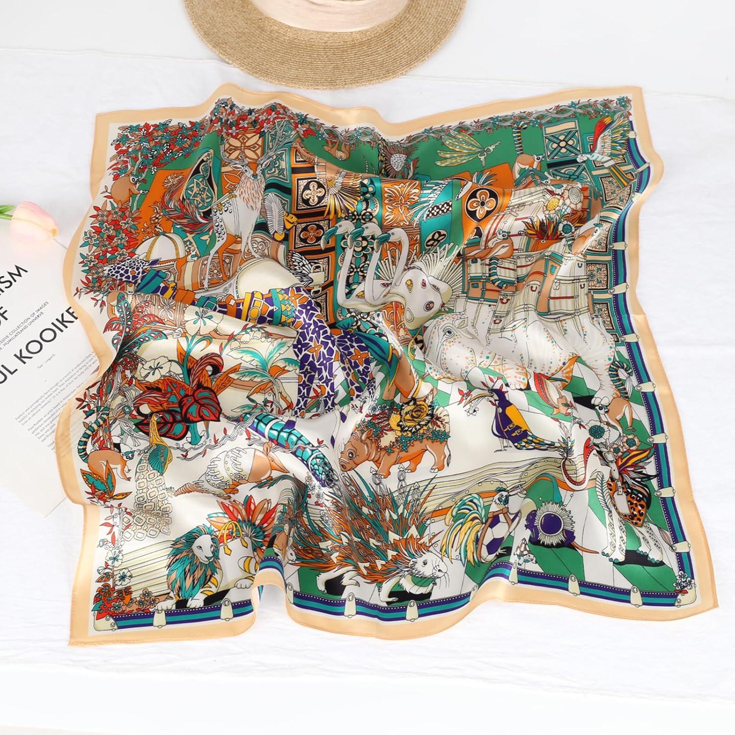 imageEXTREE 100 Pure Mulberry Silk Scarf Fashion Hair for Women Scarf Lightweight Square Neckerchief 275 275 inchesColorful Animal Apricot