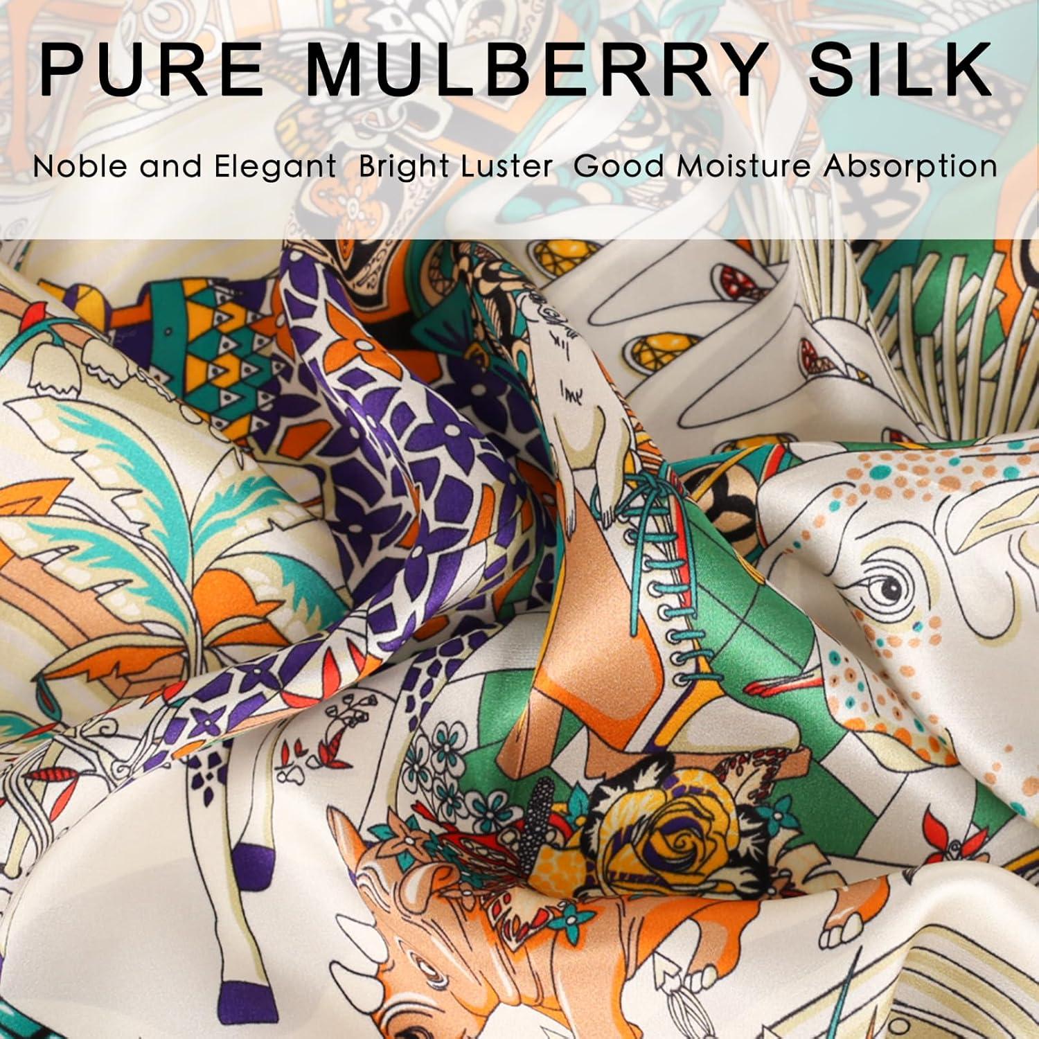 imageEXTREE 100 Pure Mulberry Silk Scarf Fashion Hair for Women Scarf Lightweight Square Neckerchief 275 275 inchesColorful Animal Apricot