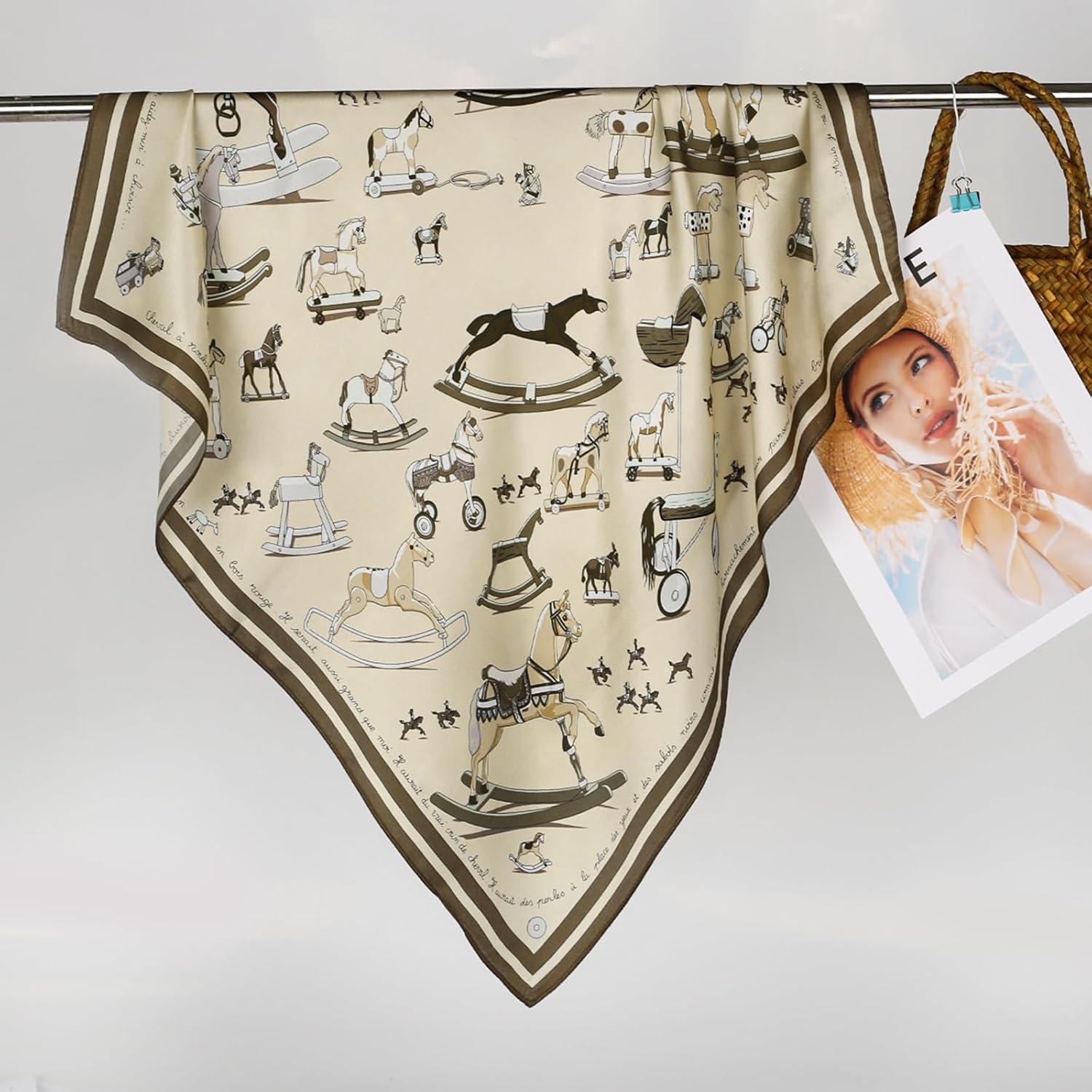 imageEXTREE 100 Pure Mulberry Silk Scarf Fashion Hair for Women Scarf Lightweight Square Neckerchief 275 275 inchesCream Horse