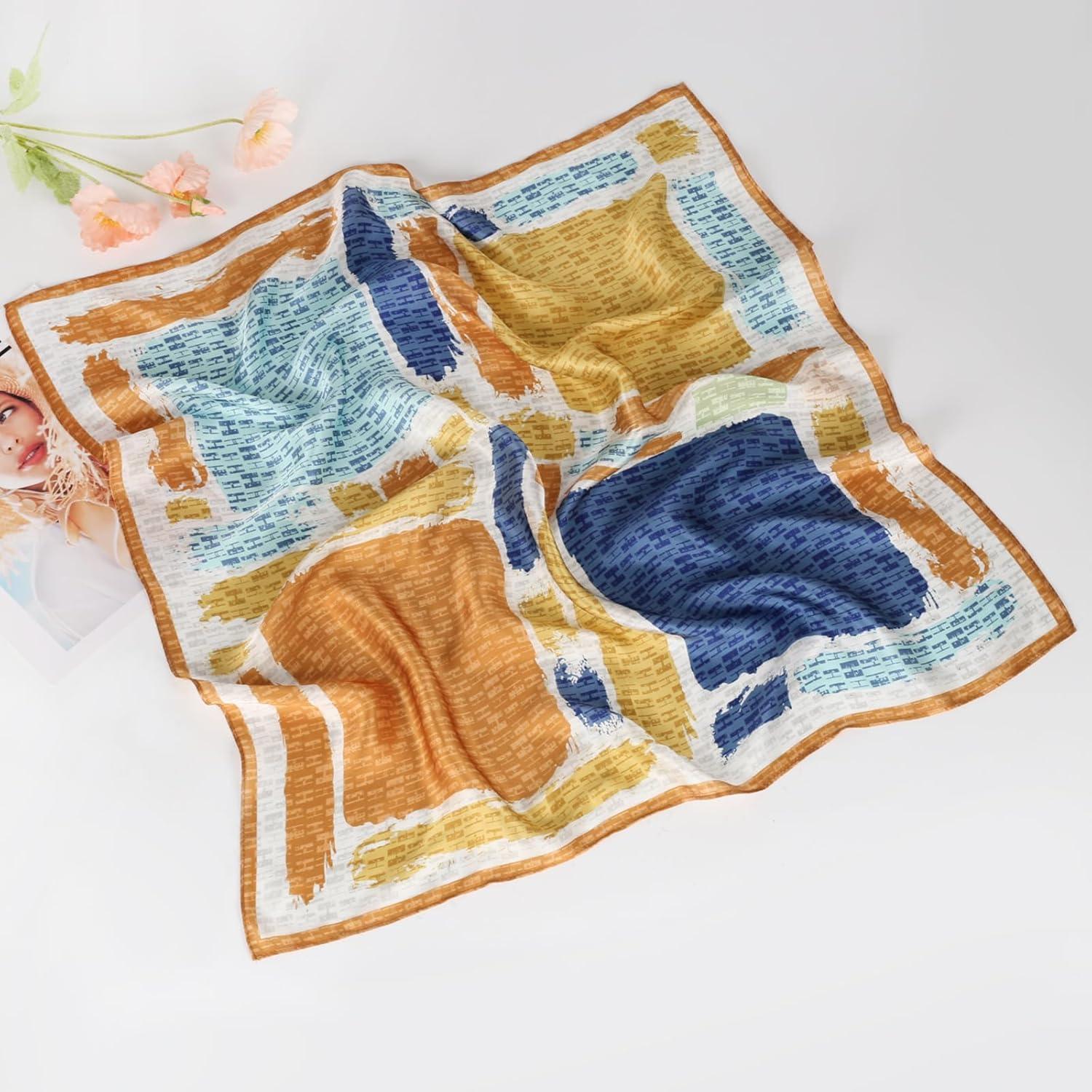 imageEXTREE 100 Pure Mulberry Silk Scarf Fashion Hair for Women Scarf Lightweight Square Neckerchief 275 275 inchesDifferent Lines Yellow Edge