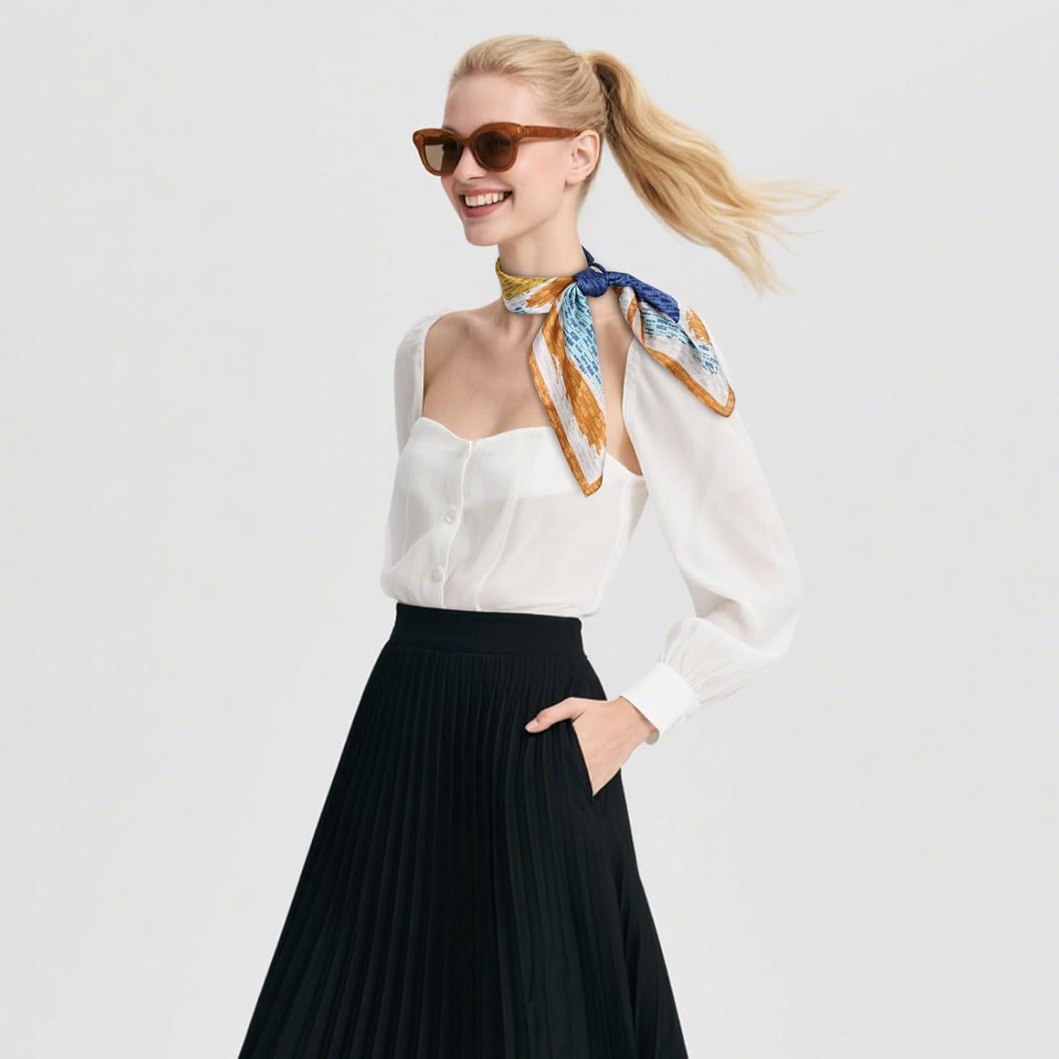 imageEXTREE 100 Pure Mulberry Silk Scarf Fashion Hair for Women Scarf Lightweight Square Neckerchief 275 275 inchesDifferent Lines Yellow Edge