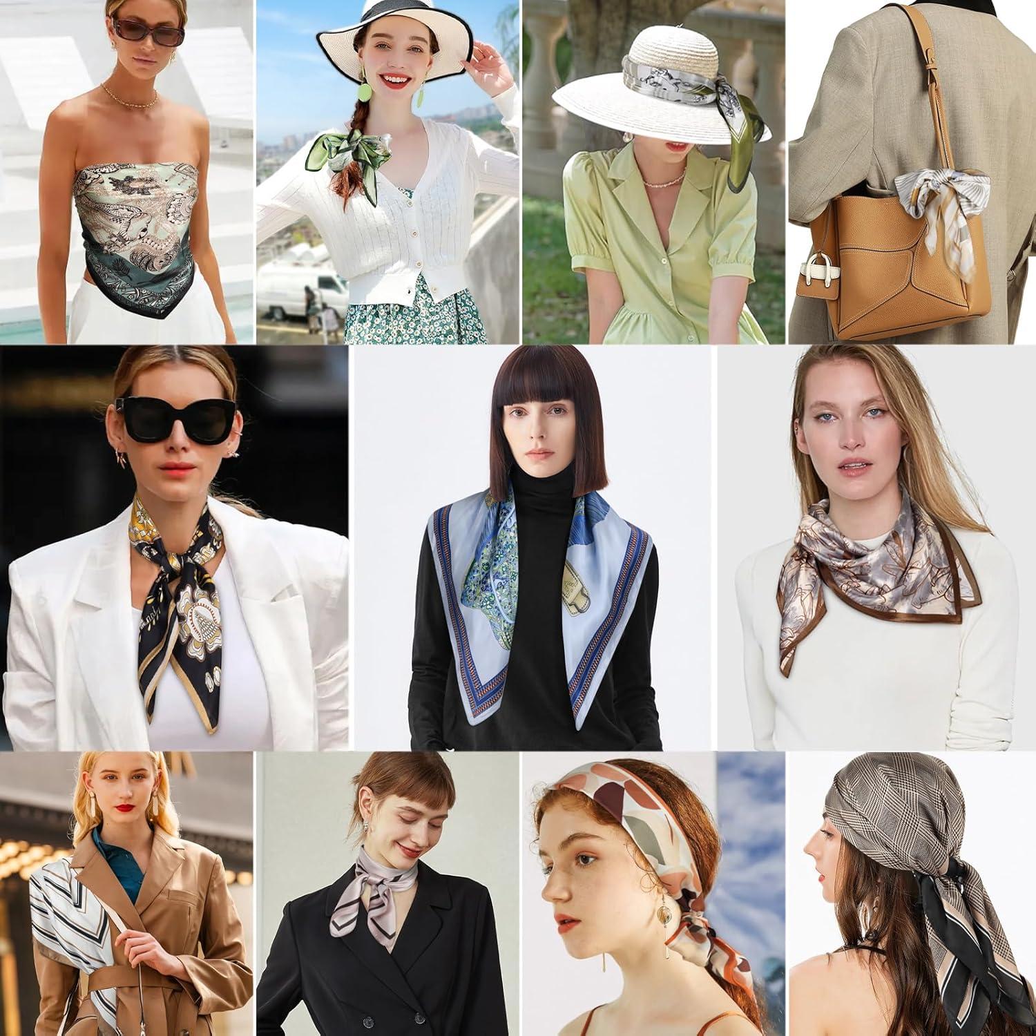 imageEXTREE 100 Pure Mulberry Silk Scarf Fashion Hair for Women Scarf Lightweight Square Neckerchief 275 275 inchesDifferent Lines Yellow Edge