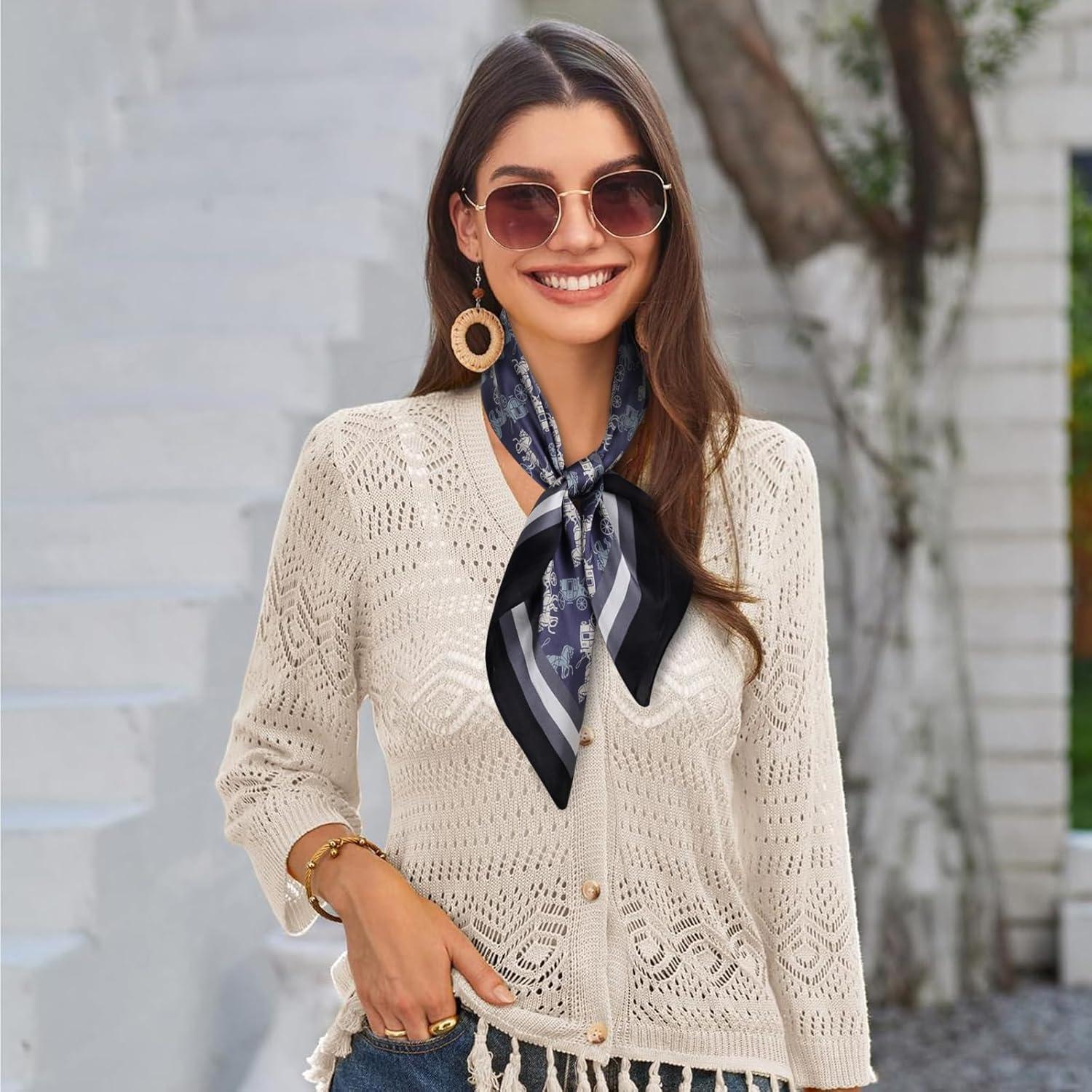 imageEXTREE 100 Pure Mulberry Silk Scarf Fashion Hair for Women Scarf Lightweight Square Neckerchief 275 275 inchesGray Blue Carriage