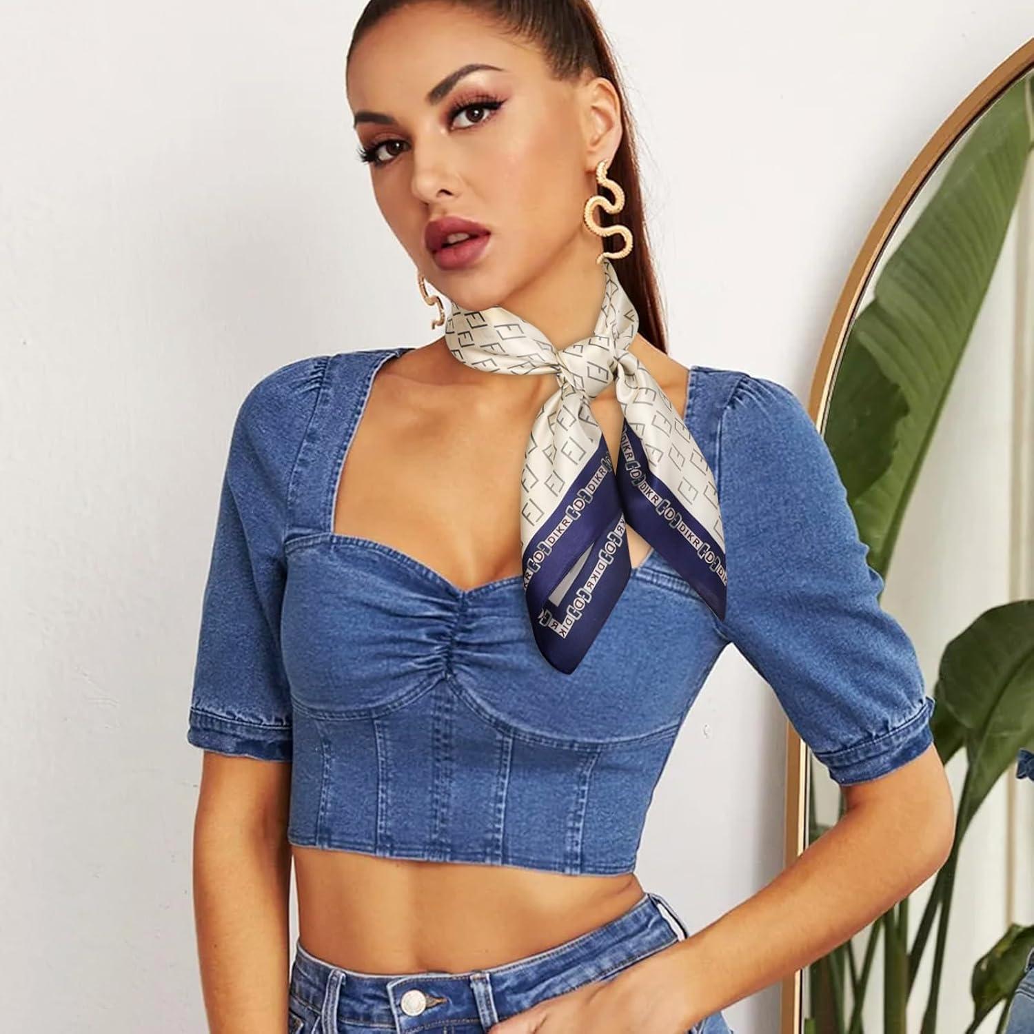 imageEXTREE 100 Pure Mulberry Silk Scarf Fashion Hair for Women Scarf Lightweight Square Neckerchief 275 275 inchesLf Beige Blue Edge