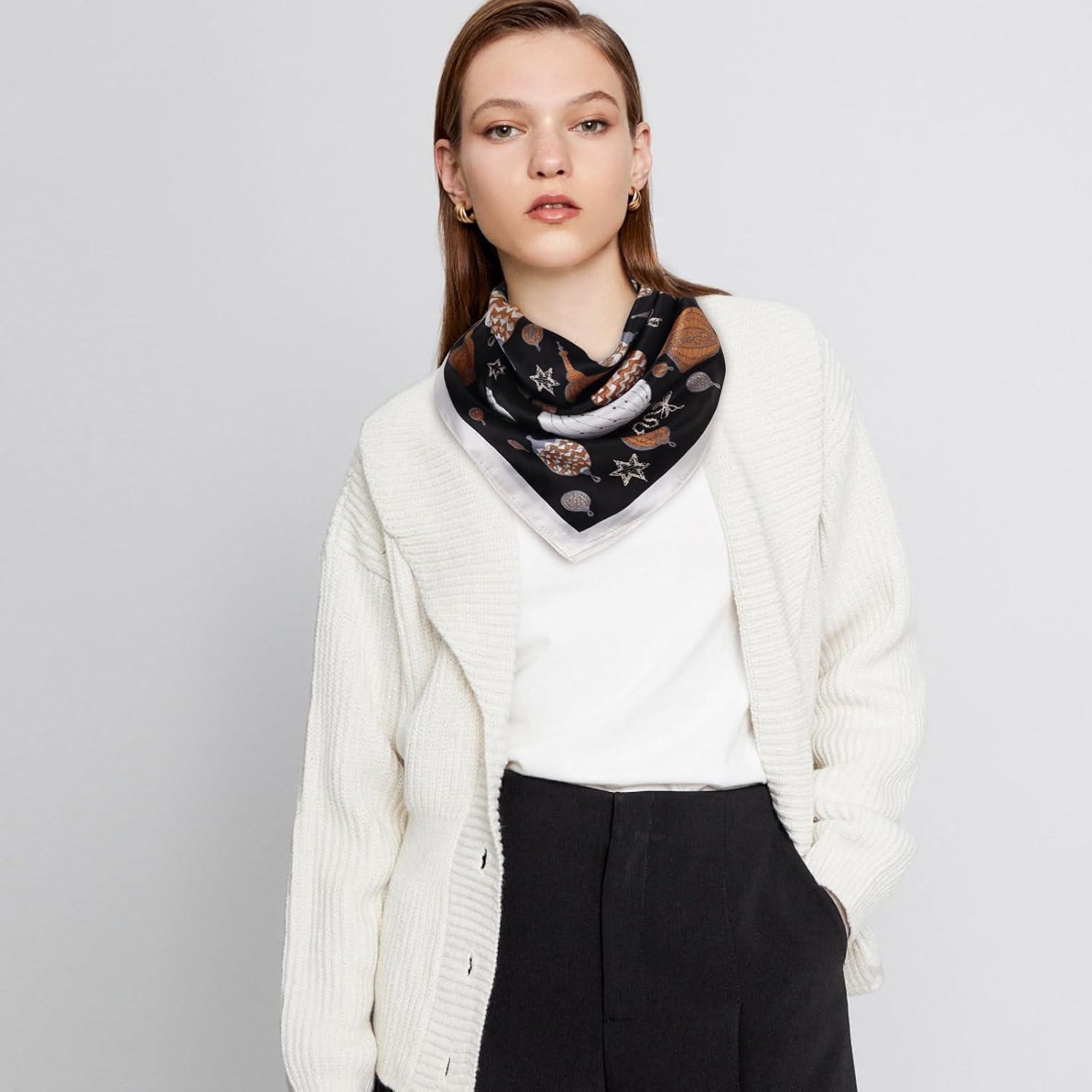 imageEXTREE 100 Pure Mulberry Silk Scarf Fashion Hair for Women Scarf Lightweight Square Neckerchief 275 275 inchesLing Luo Black Ball