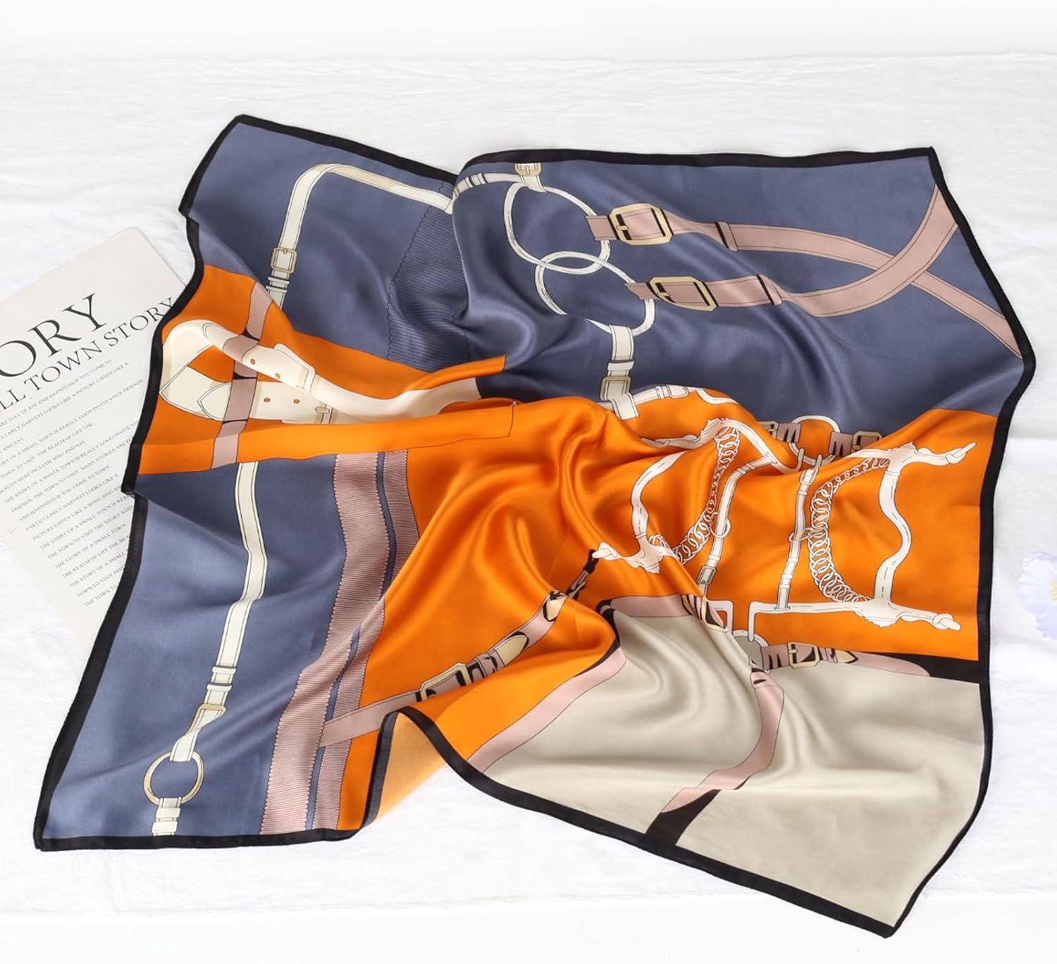 imageEXTREE 100 Pure Mulberry Silk Scarf Fashion Hair for Women Scarf Lightweight Square Neckerchief 275 275 inchesLove Ring Belt Orange