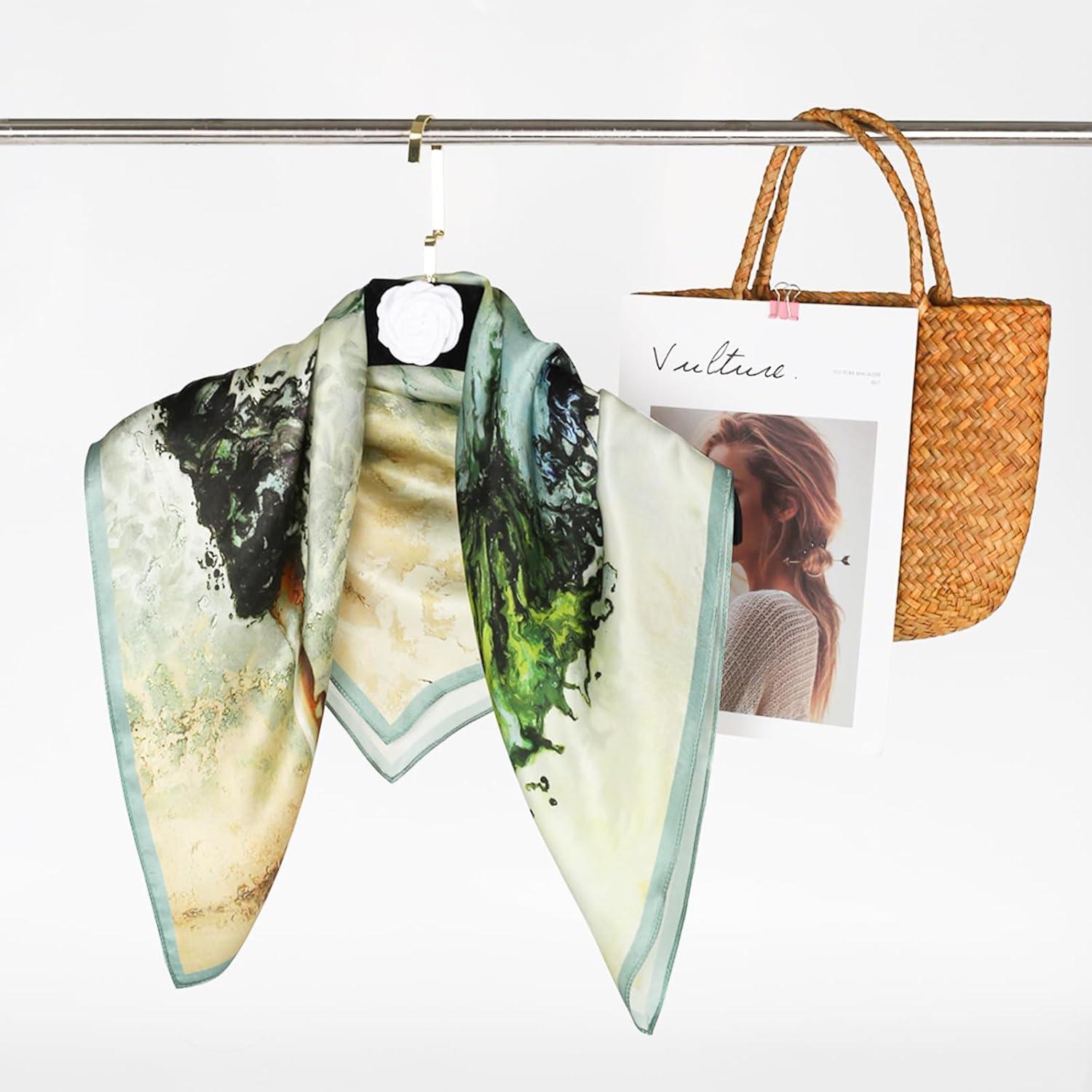 imageEXTREE 100 Pure Mulberry Silk Scarf Fashion Hair for Women Scarf Lightweight Square Neckerchief 275 275 inchesOil Painting Girl Green