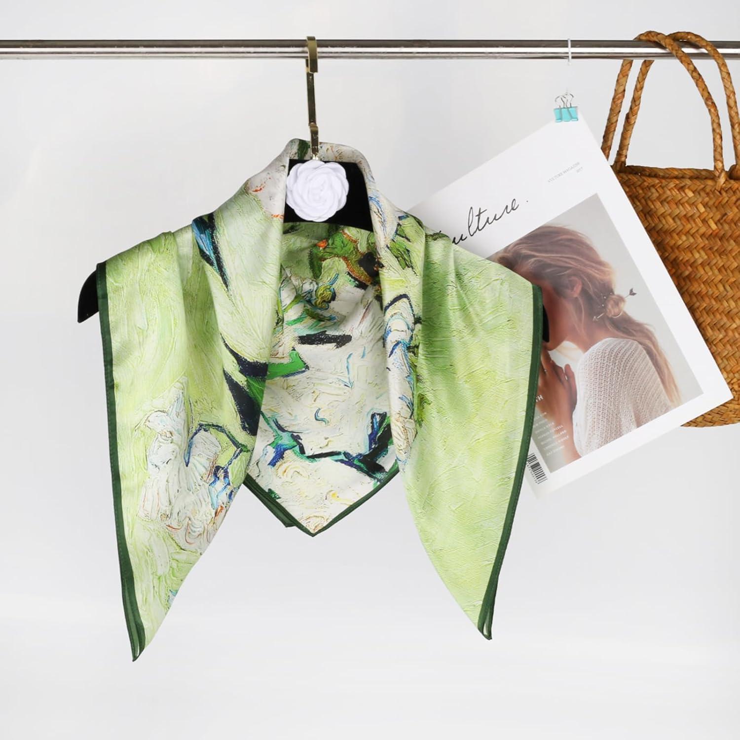 imageEXTREE 100 Pure Mulberry Silk Scarf Fashion Hair for Women Scarf Lightweight Square Neckerchief 275 275 inchesOil Painting Green