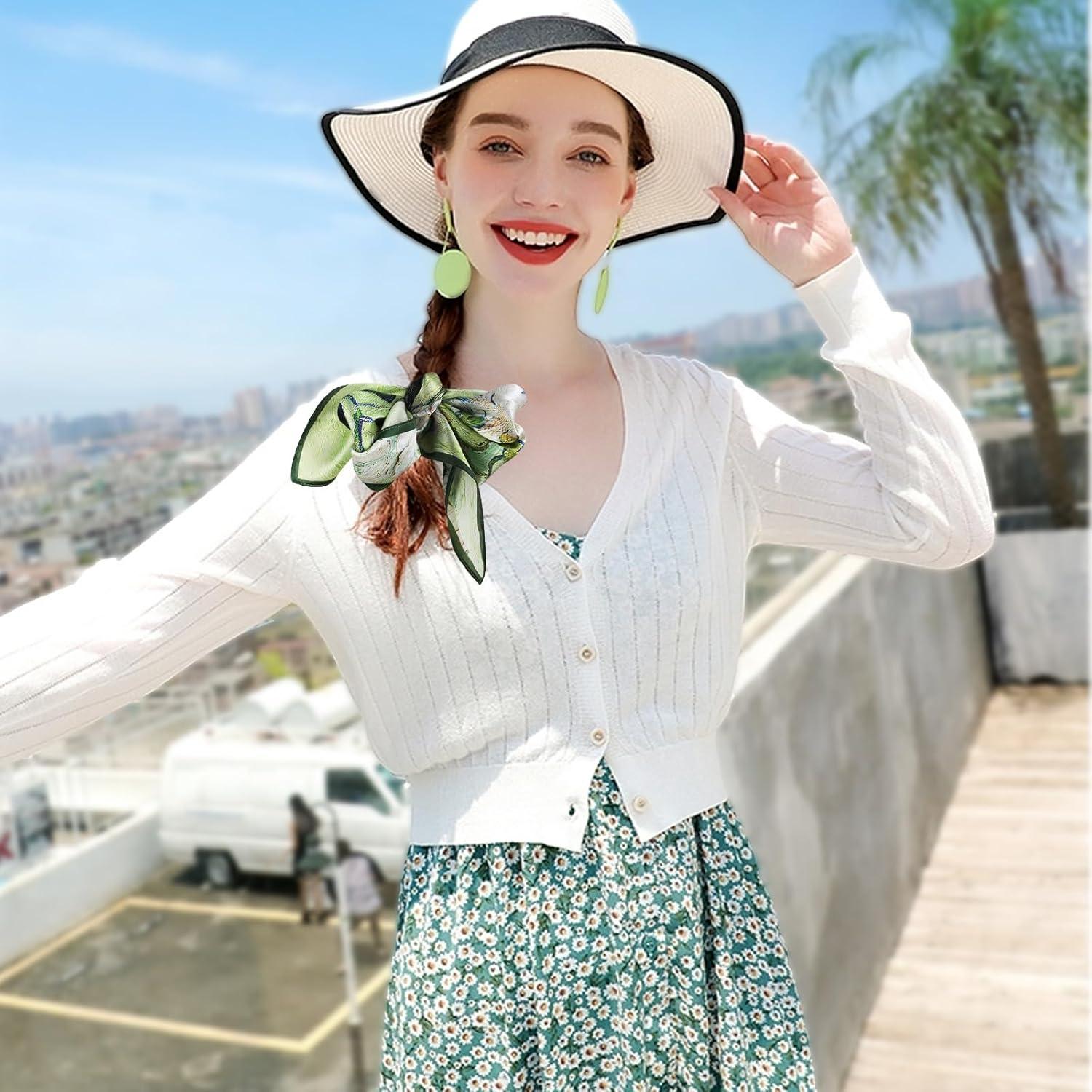 imageEXTREE 100 Pure Mulberry Silk Scarf Fashion Hair for Women Scarf Lightweight Square Neckerchief 275 275 inchesOil Painting Green