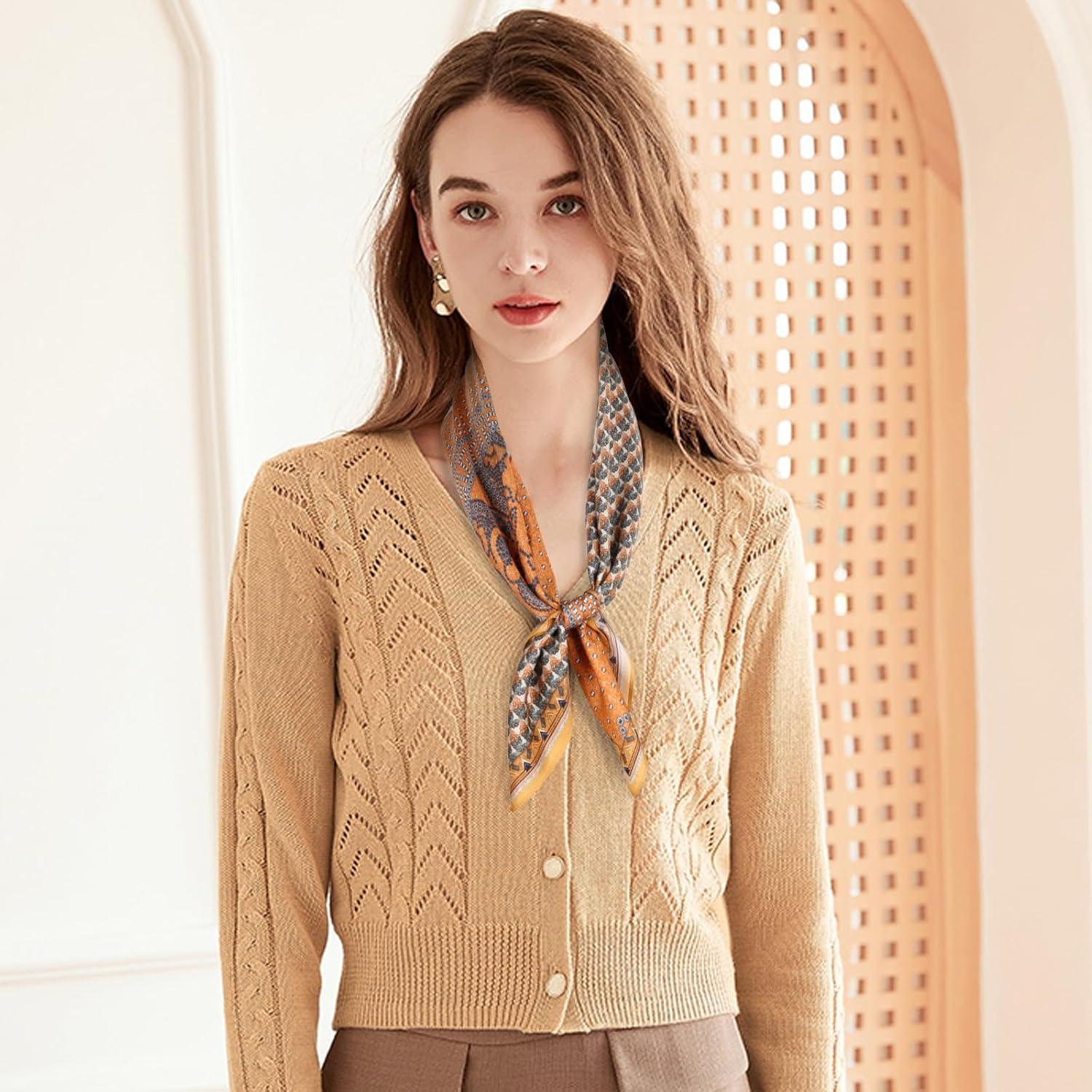 imageEXTREE 100 Pure Mulberry Silk Scarf Fashion Hair for Women Scarf Lightweight Square Neckerchief 275 275 inchesOrange Brown and Beige Horse Racing Totem