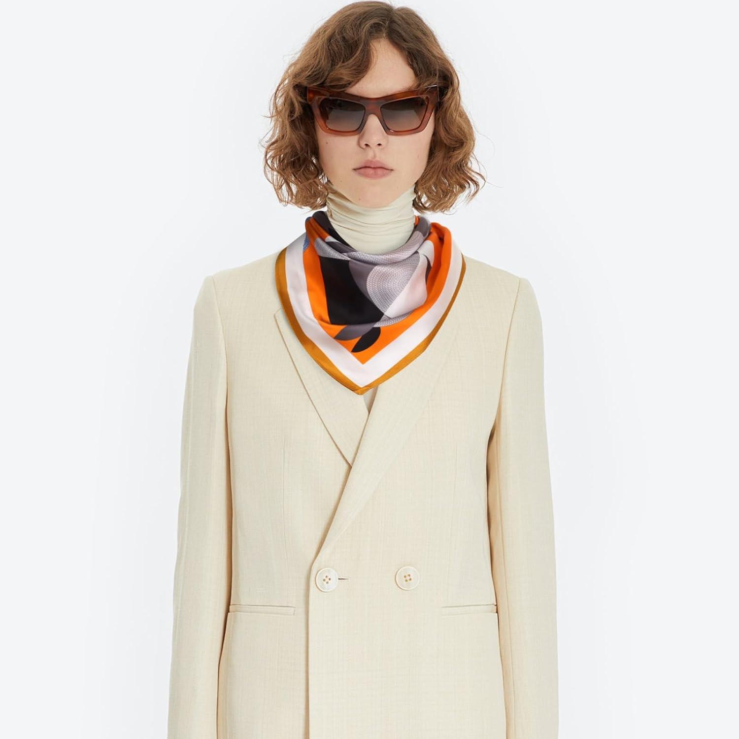 imageEXTREE 100 Pure Mulberry Silk Scarf Fashion Hair for Women Scarf Lightweight Square Neckerchief 275 275 inchesPony Jumping Orange