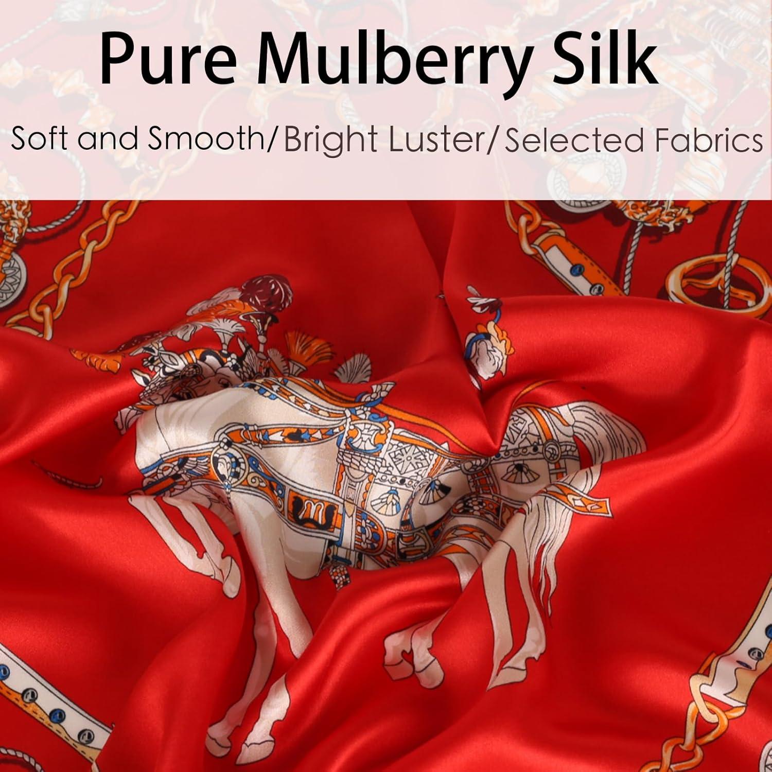 imageEXTREE 100 Pure Mulberry Silk Scarf Fashion Hair for Women Scarf Lightweight Square Neckerchief 275 275 inchesRed Horse