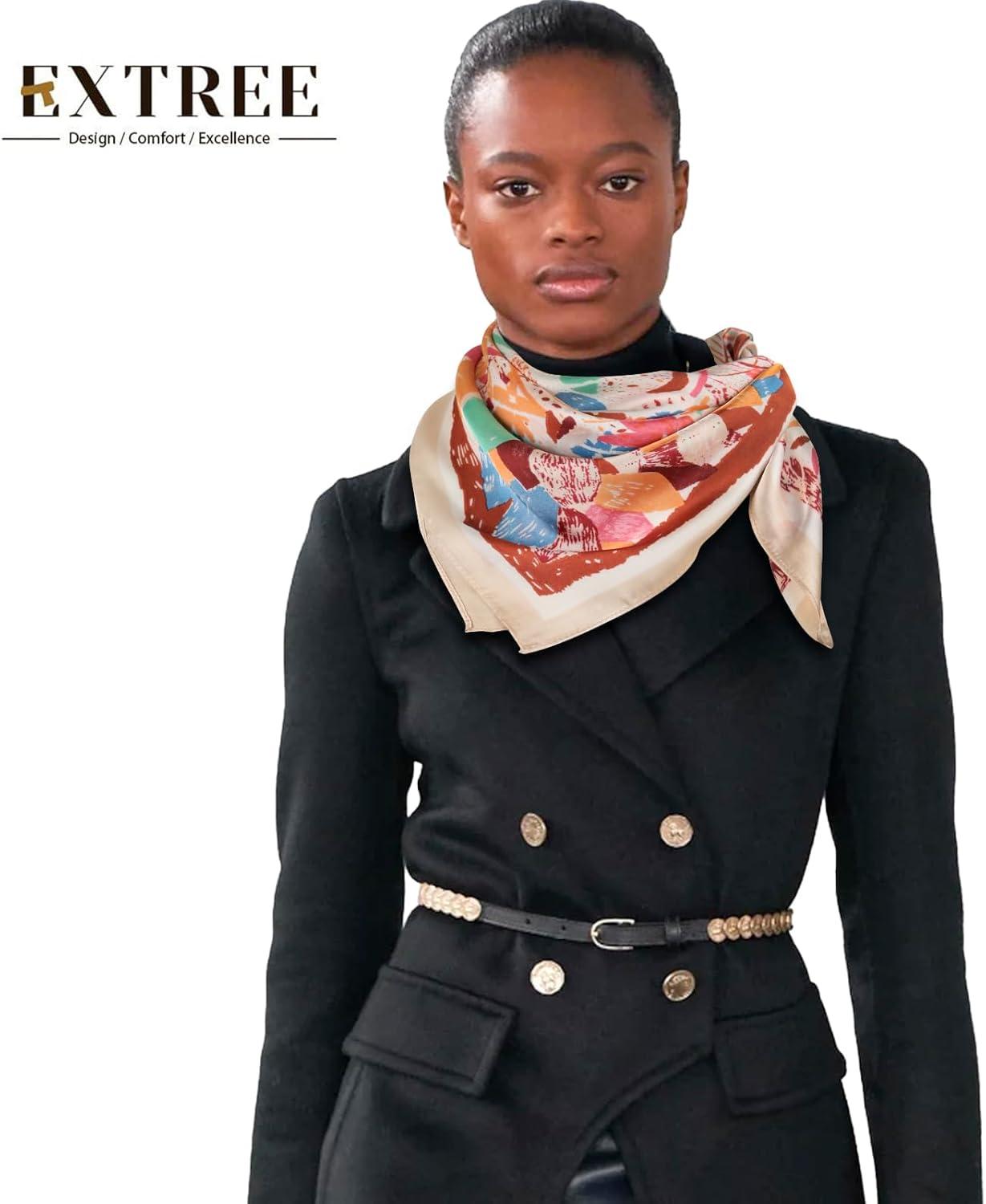 imageEXTREE Fashion Silky Satin Headscarf for Women Girls Exquisite Pattern Lightweight Silk Graceful Scarfs 275 x 275 inchesA Graffiti Red Flower Pink