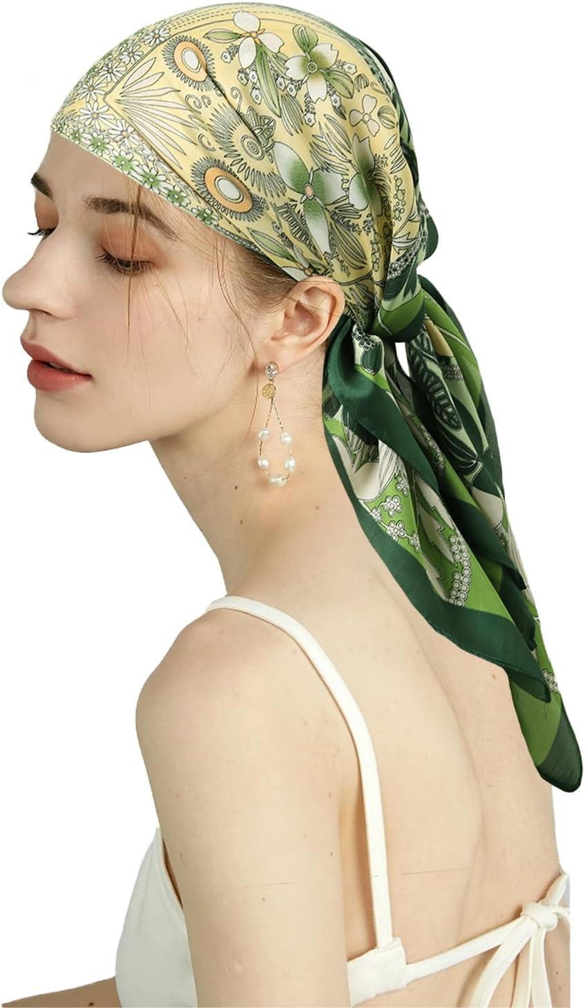 imageEXTREE Fashion Silky Satin Headscarf for Women Girls Exquisite Pattern Lightweight Silk Graceful Scarfs 275 x 275 inchesA Touch of Green in Summer