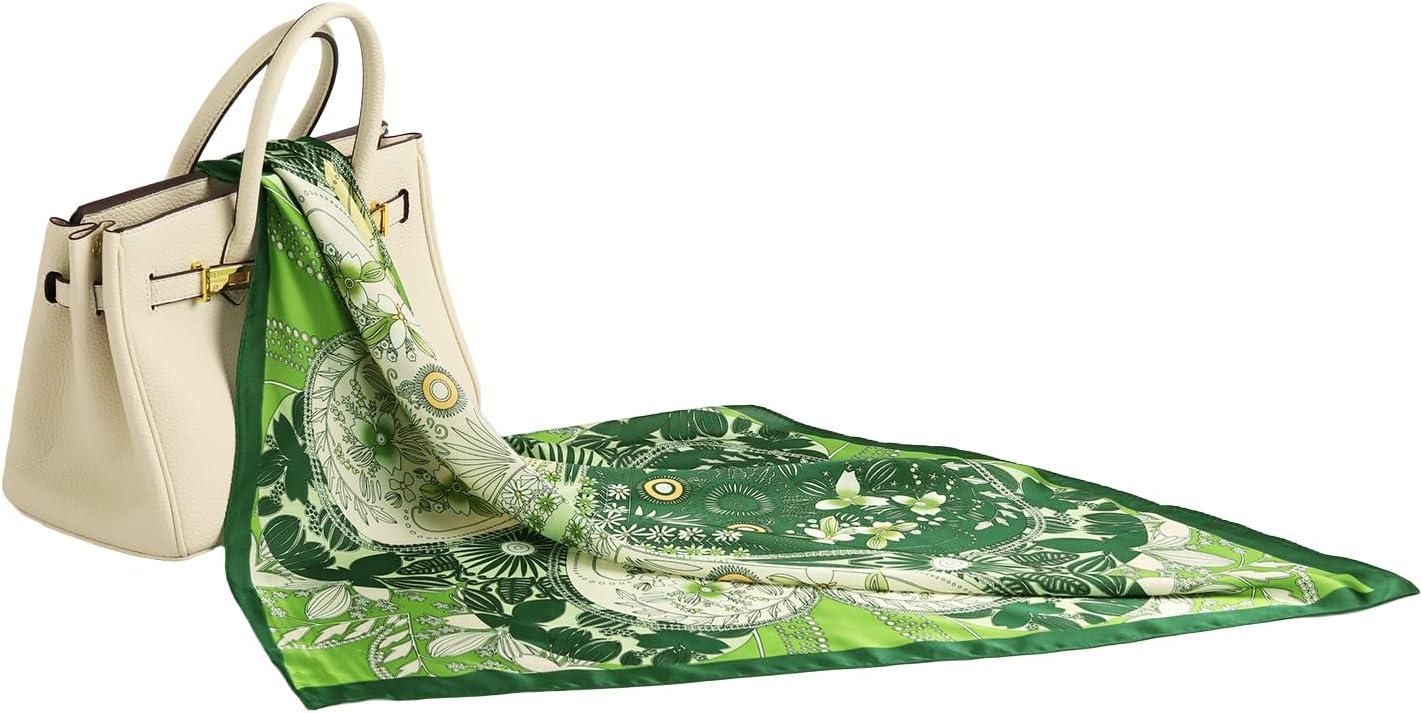 imageEXTREE Fashion Silky Satin Headscarf for Women Girls Exquisite Pattern Lightweight Silk Graceful Scarfs 275 x 275 inchesA Touch of Green in Summer