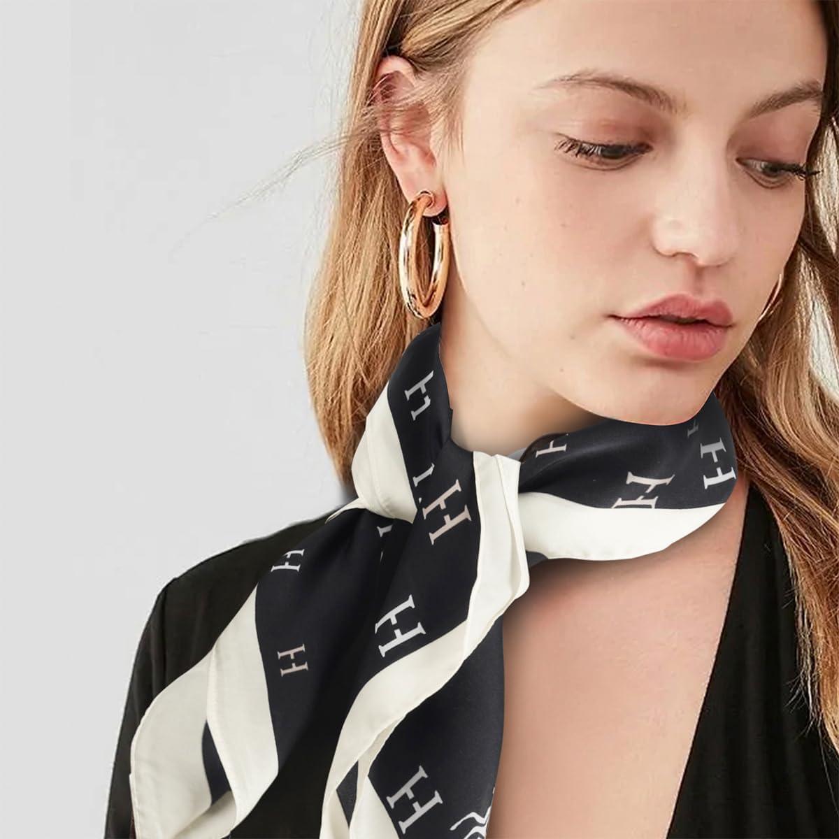 imageEXTREE Fashion Silky Satin Headscarf for Women Girls Exquisite Pattern Lightweight Silk Graceful Scarfs 275 x 275 inchesAlphabet Carriage Black