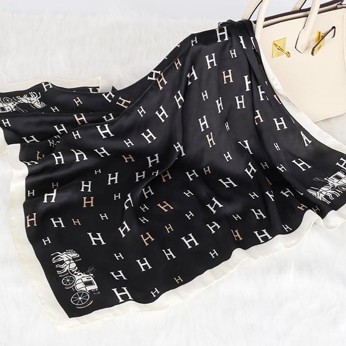 imageEXTREE Fashion Silky Satin Headscarf for Women Girls Exquisite Pattern Lightweight Silk Graceful Scarfs 275 x 275 inchesAlphabet Carriage Black