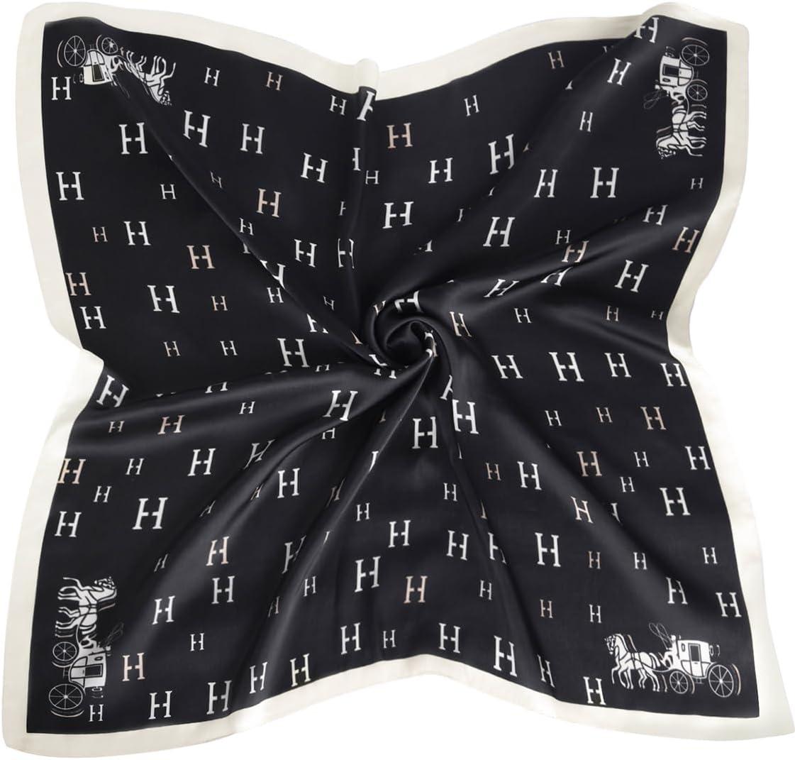 imageEXTREE Fashion Silky Satin Headscarf for Women Girls Exquisite Pattern Lightweight Silk Graceful Scarfs 275 x 275 inchesAlphabet Carriage Black