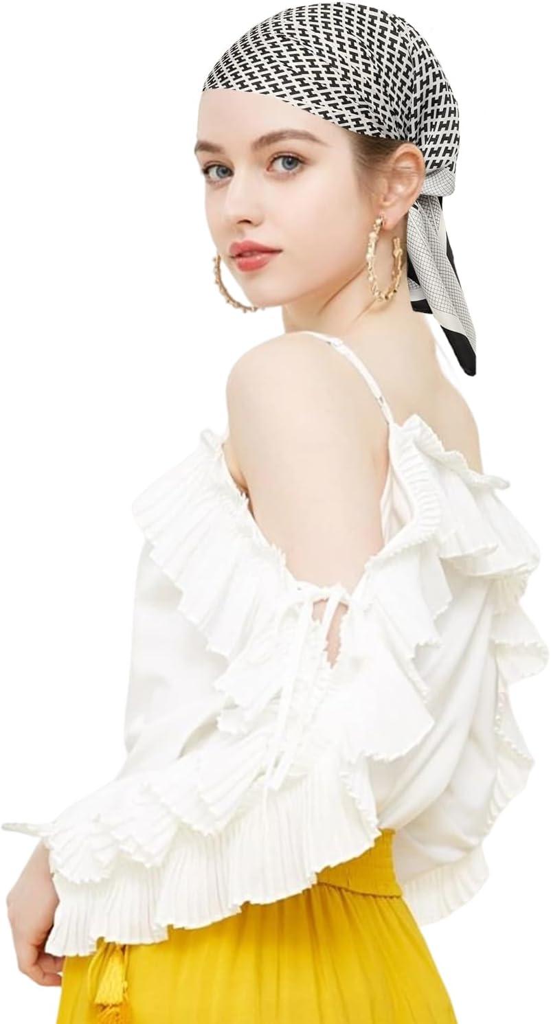 imageEXTREE Fashion Silky Satin Headscarf for Women Girls Exquisite Pattern Lightweight Silk Graceful Scarfs 275 x 275 inchesAlphabet Lattice Border Black