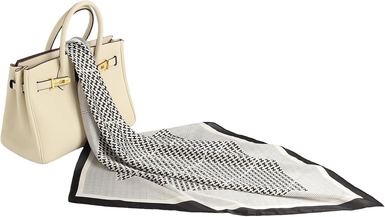 imageEXTREE Fashion Silky Satin Headscarf for Women Girls Exquisite Pattern Lightweight Silk Graceful Scarfs 275 x 275 inchesAlphabet Lattice Border Black