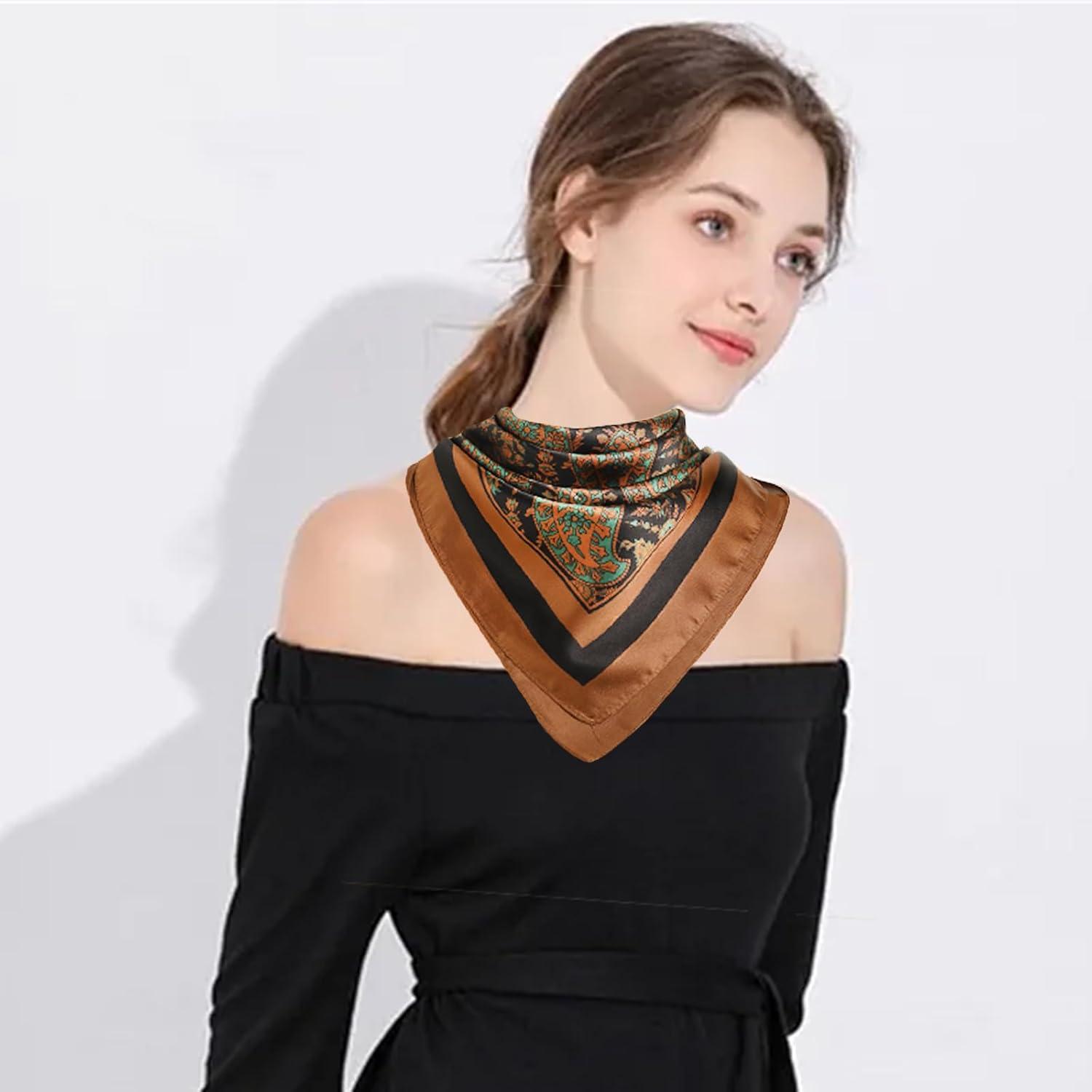 imageEXTREE Fashion Silky Satin Headscarf for Women Girls Exquisite Pattern Lightweight Silk Graceful Scarfs 275 x 275 inchesAncient Babylonian Cashew Flower