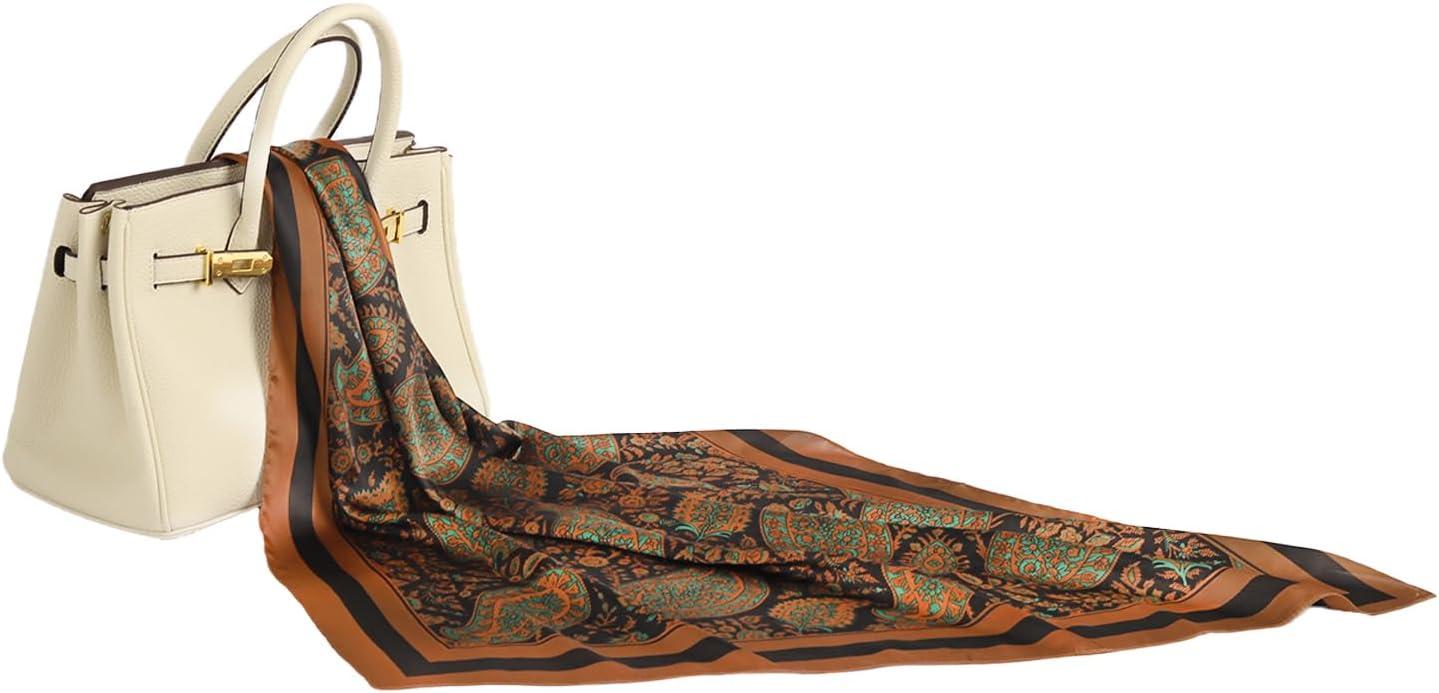 imageEXTREE Fashion Silky Satin Headscarf for Women Girls Exquisite Pattern Lightweight Silk Graceful Scarfs 275 x 275 inchesAncient Babylonian Cashew Flower