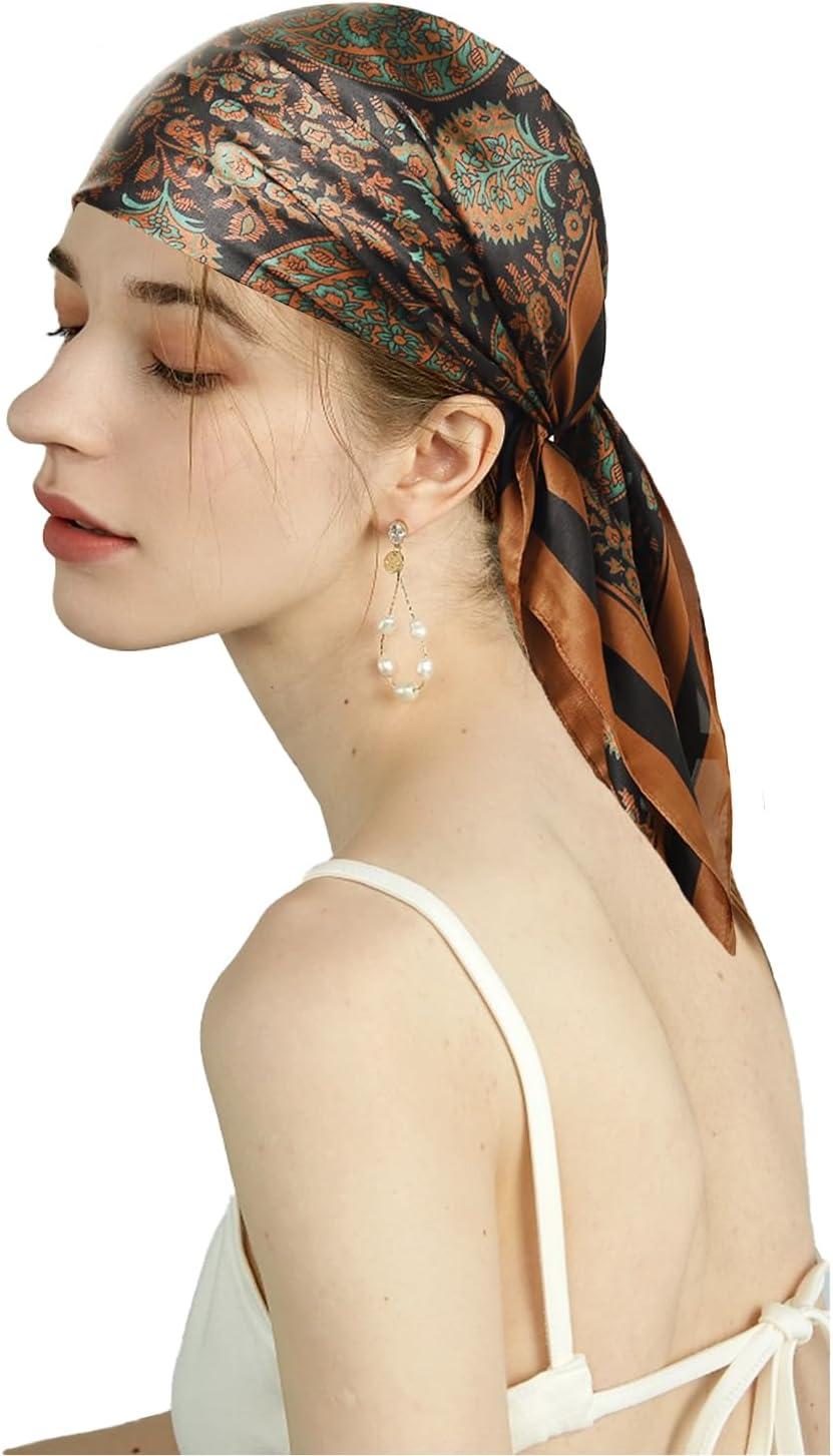 imageEXTREE Fashion Silky Satin Headscarf for Women Girls Exquisite Pattern Lightweight Silk Graceful Scarfs 275 x 275 inchesAncient Babylonian Cashew Flower