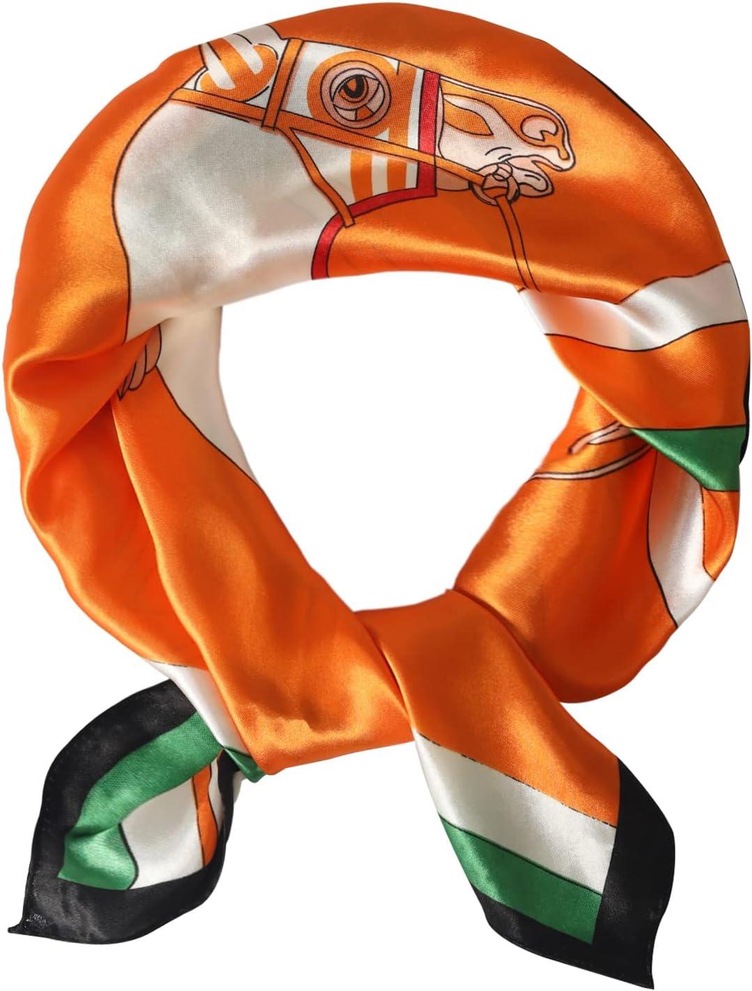 imageEXTREE Fashion Silky Satin Headscarf for Women Girls Exquisite Pattern Lightweight Silk Graceful Scarfs 275 x 275 inchesArmy Green Horse Orange Black and White