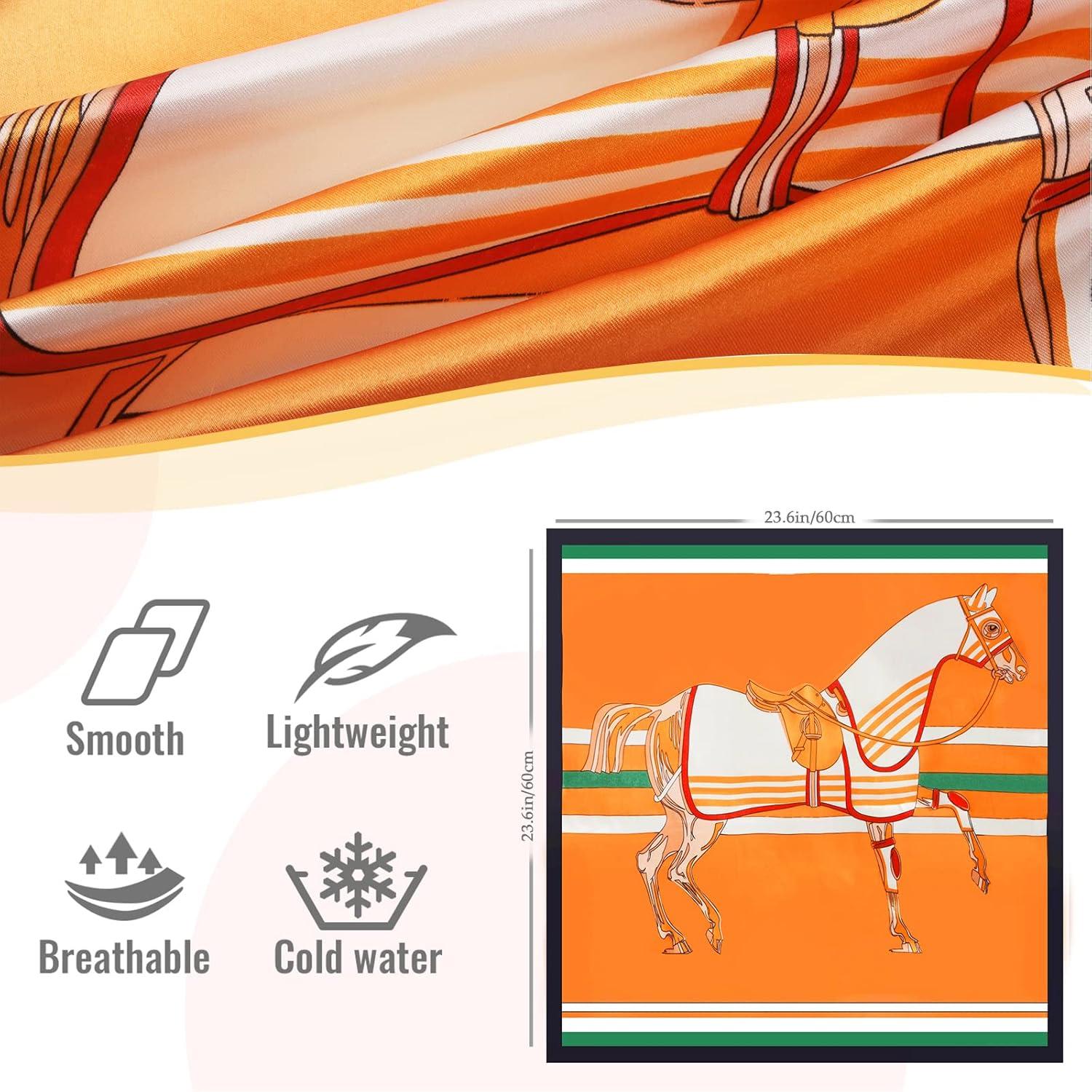 imageEXTREE Fashion Silky Satin Headscarf for Women Girls Exquisite Pattern Lightweight Silk Graceful Scarfs 275 x 275 inchesArmy Green Horse Orange Black and White