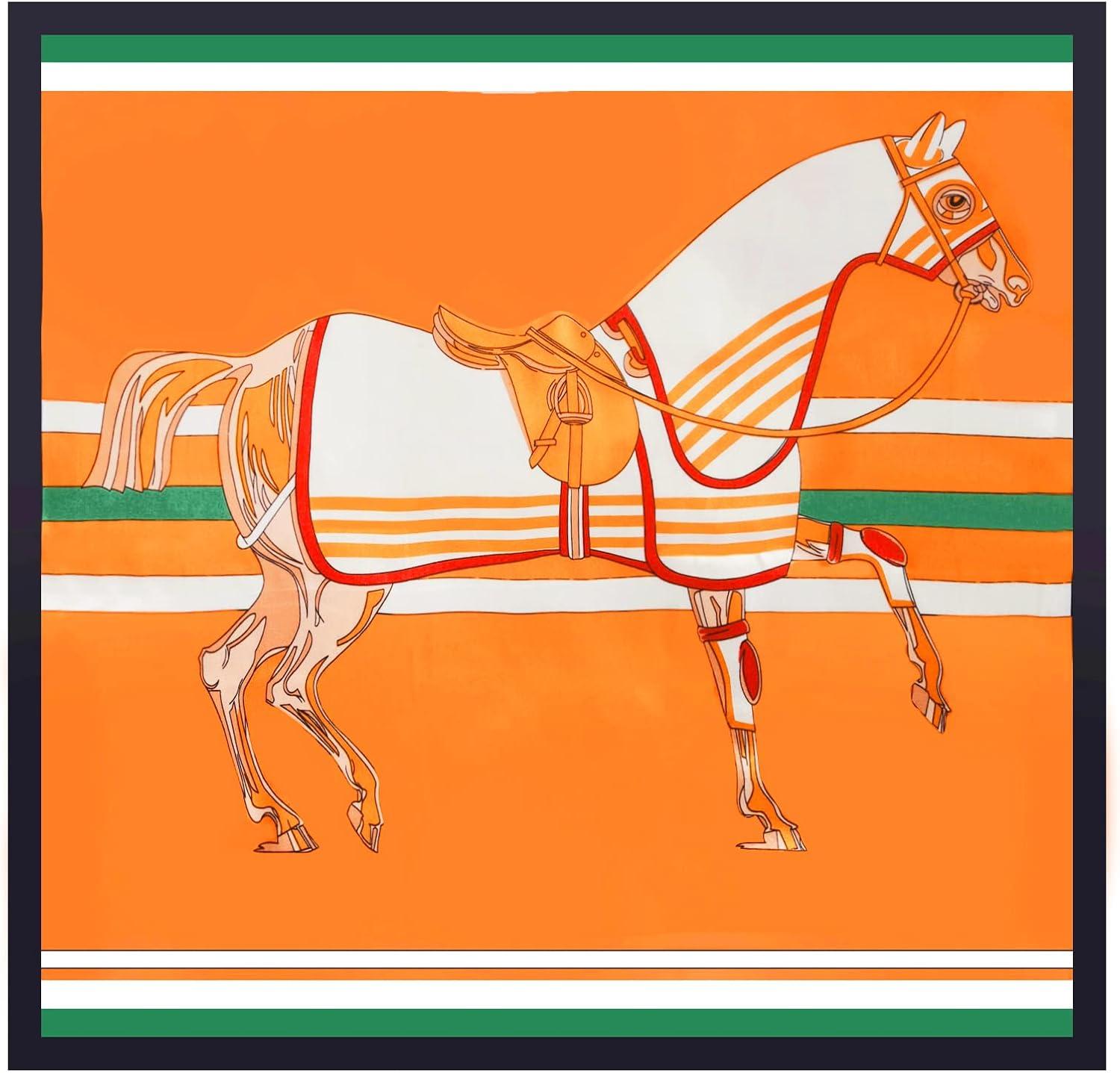 imageEXTREE Fashion Silky Satin Headscarf for Women Girls Exquisite Pattern Lightweight Silk Graceful Scarfs 275 x 275 inchesArmy Green Horse Orange Black and White