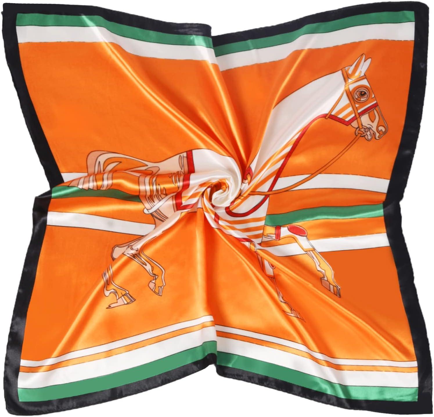 imageEXTREE Fashion Silky Satin Headscarf for Women Girls Exquisite Pattern Lightweight Silk Graceful Scarfs 275 x 275 inchesArmy Green Horse Orange Black and White