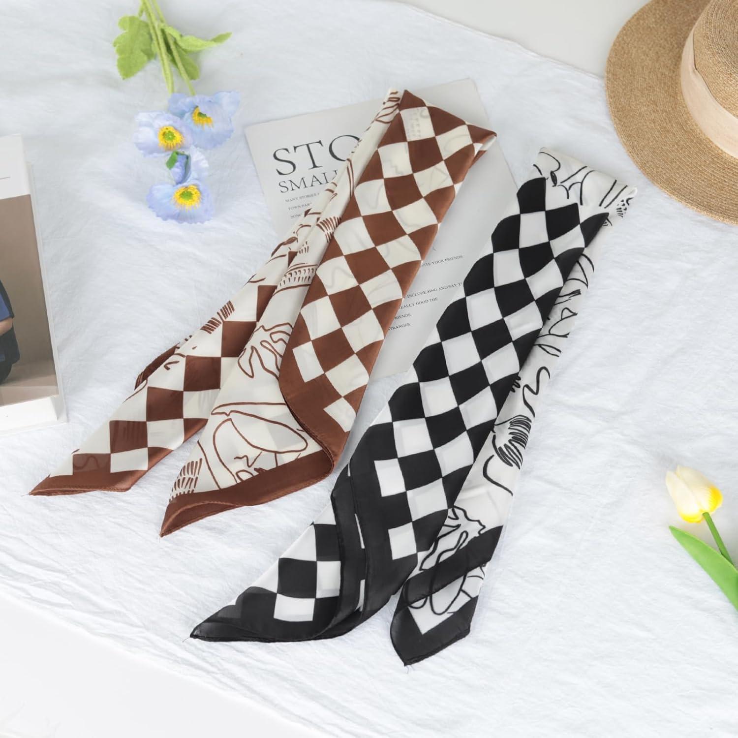 imageEXTREE Fashion Silky Satin Headscarf for Women Girls Exquisite Pattern Lightweight Silk Graceful Scarfs 275 x 275 inchesBeach Chessboard Brown