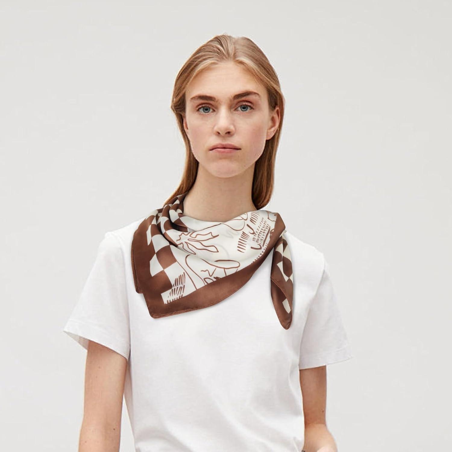 imageEXTREE Fashion Silky Satin Headscarf for Women Girls Exquisite Pattern Lightweight Silk Graceful Scarfs 275 x 275 inchesBeach Chessboard Brown