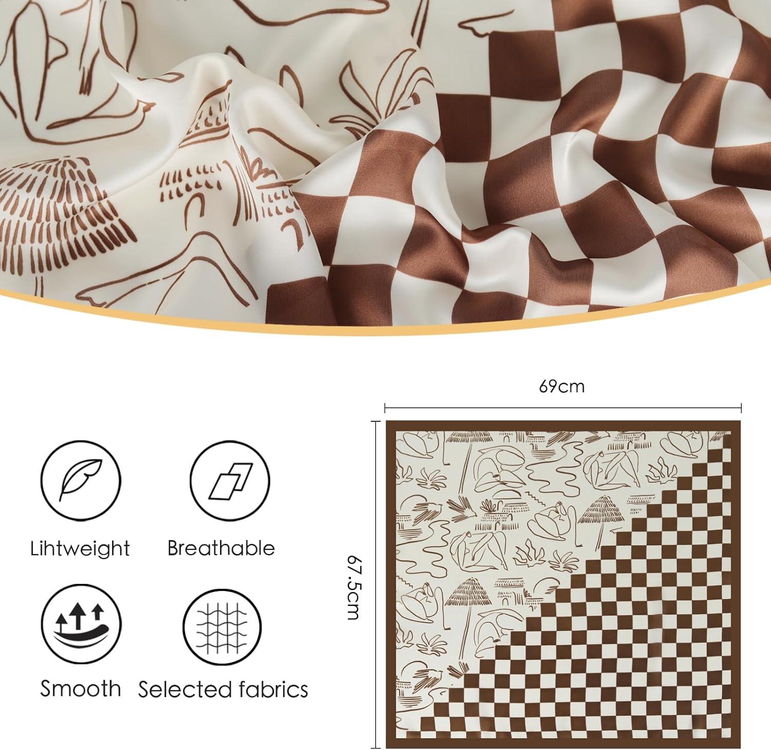 imageEXTREE Fashion Silky Satin Headscarf for Women Girls Exquisite Pattern Lightweight Silk Graceful Scarfs 275 x 275 inchesBeach Chessboard Brown