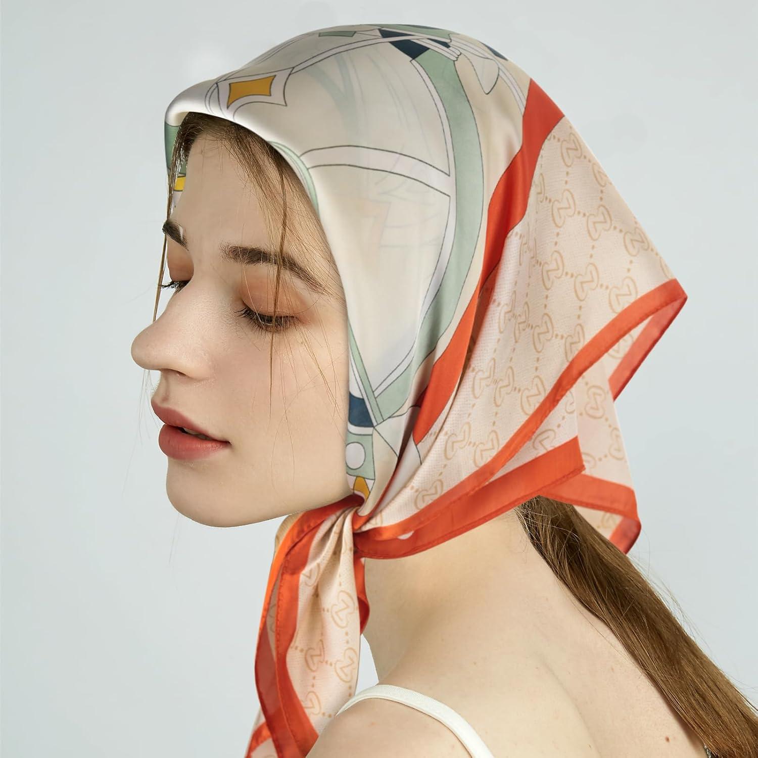 imageEXTREE Fashion Silky Satin Headscarf for Women Girls Exquisite Pattern Lightweight Silk Graceful Scarfs 275 x 275 inchesBeige Horse Orange Edge