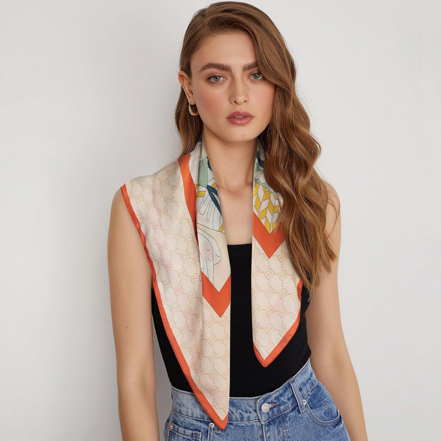 imageEXTREE Fashion Silky Satin Headscarf for Women Girls Exquisite Pattern Lightweight Silk Graceful Scarfs 275 x 275 inchesBeige Horse Orange Edge