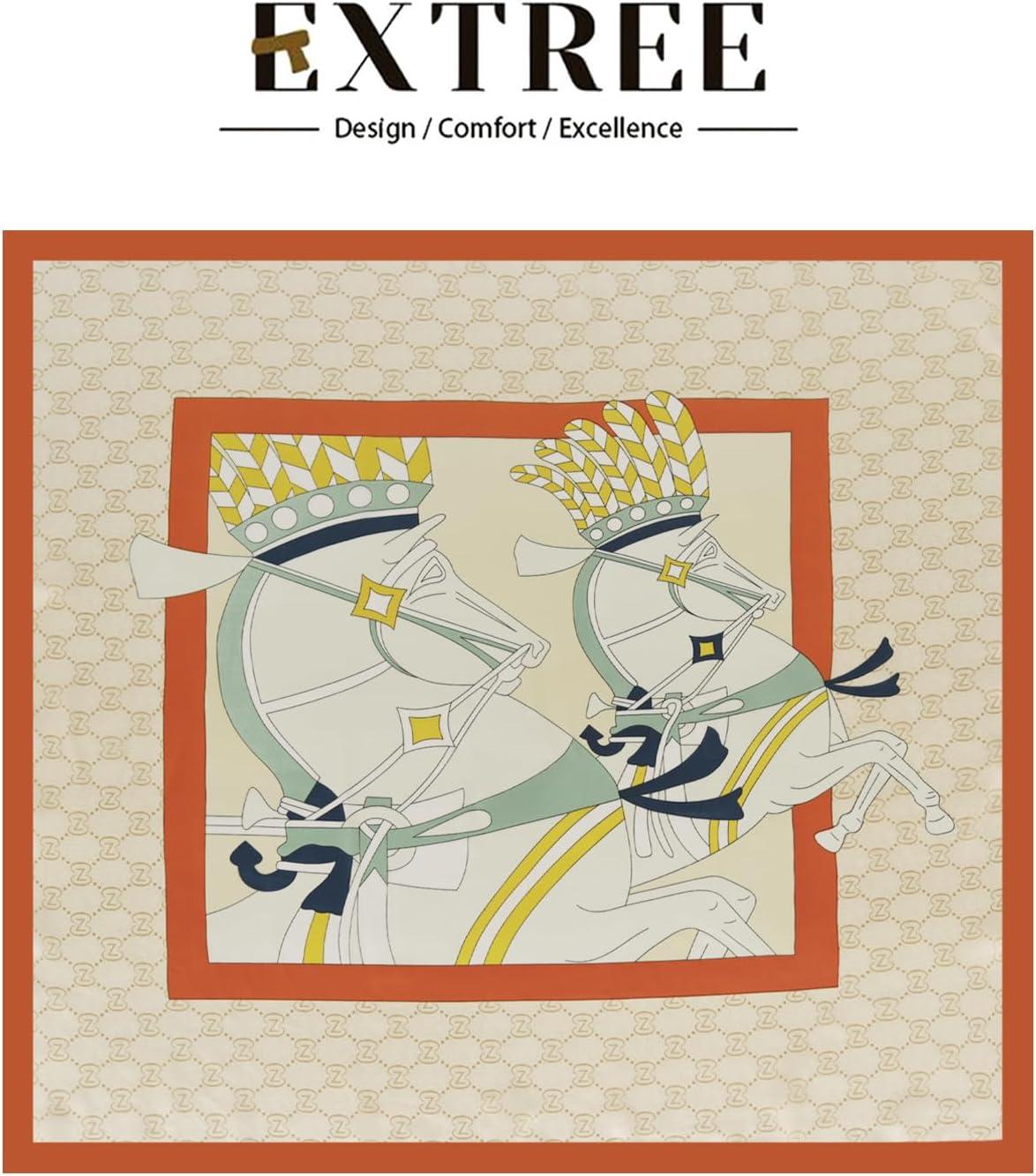 imageEXTREE Fashion Silky Satin Headscarf for Women Girls Exquisite Pattern Lightweight Silk Graceful Scarfs 275 x 275 inchesBeige Horse Orange Edge