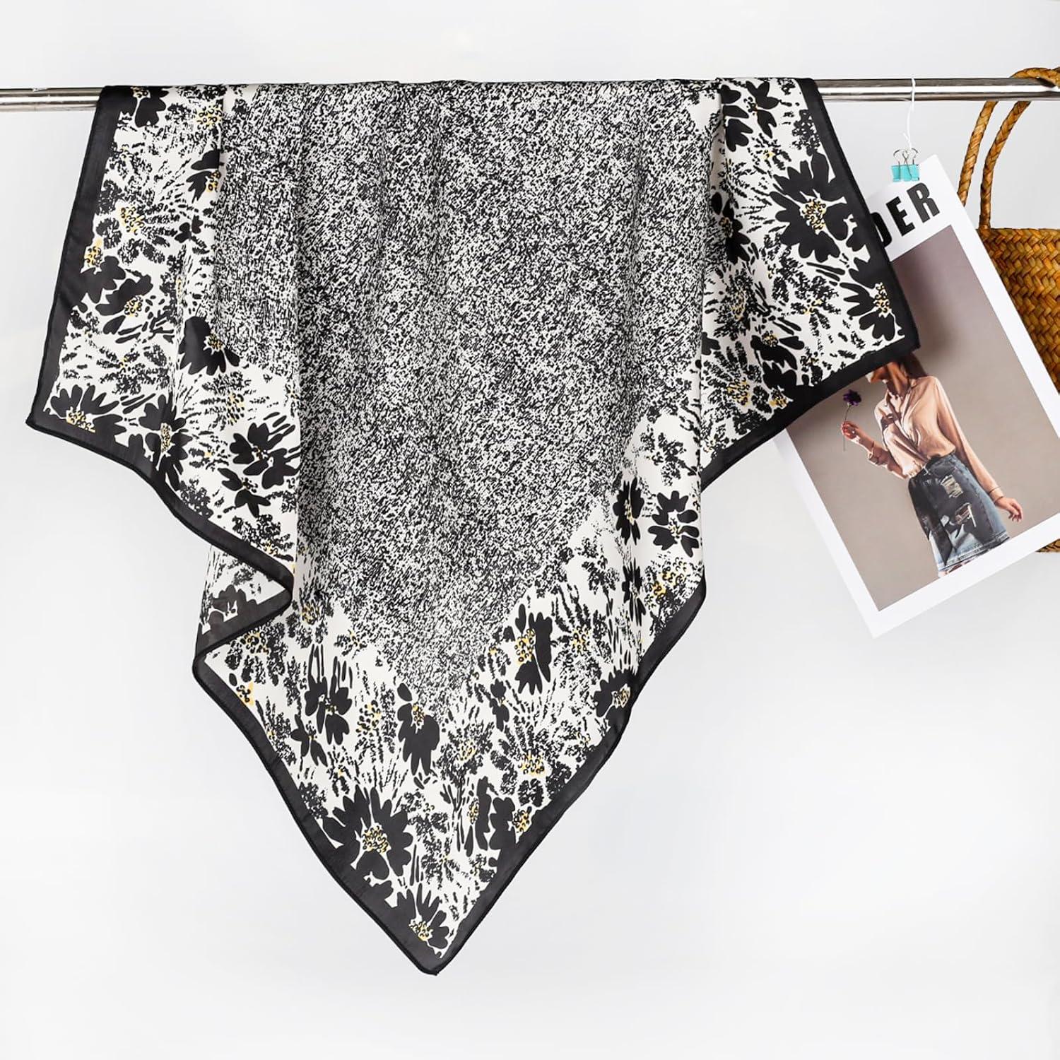 imageEXTREE Fashion Silky Satin Headscarf for Women Girls Exquisite Pattern Lightweight Silk Graceful Scarfs 275 x 275 inchesBlack Graffiti Flowers